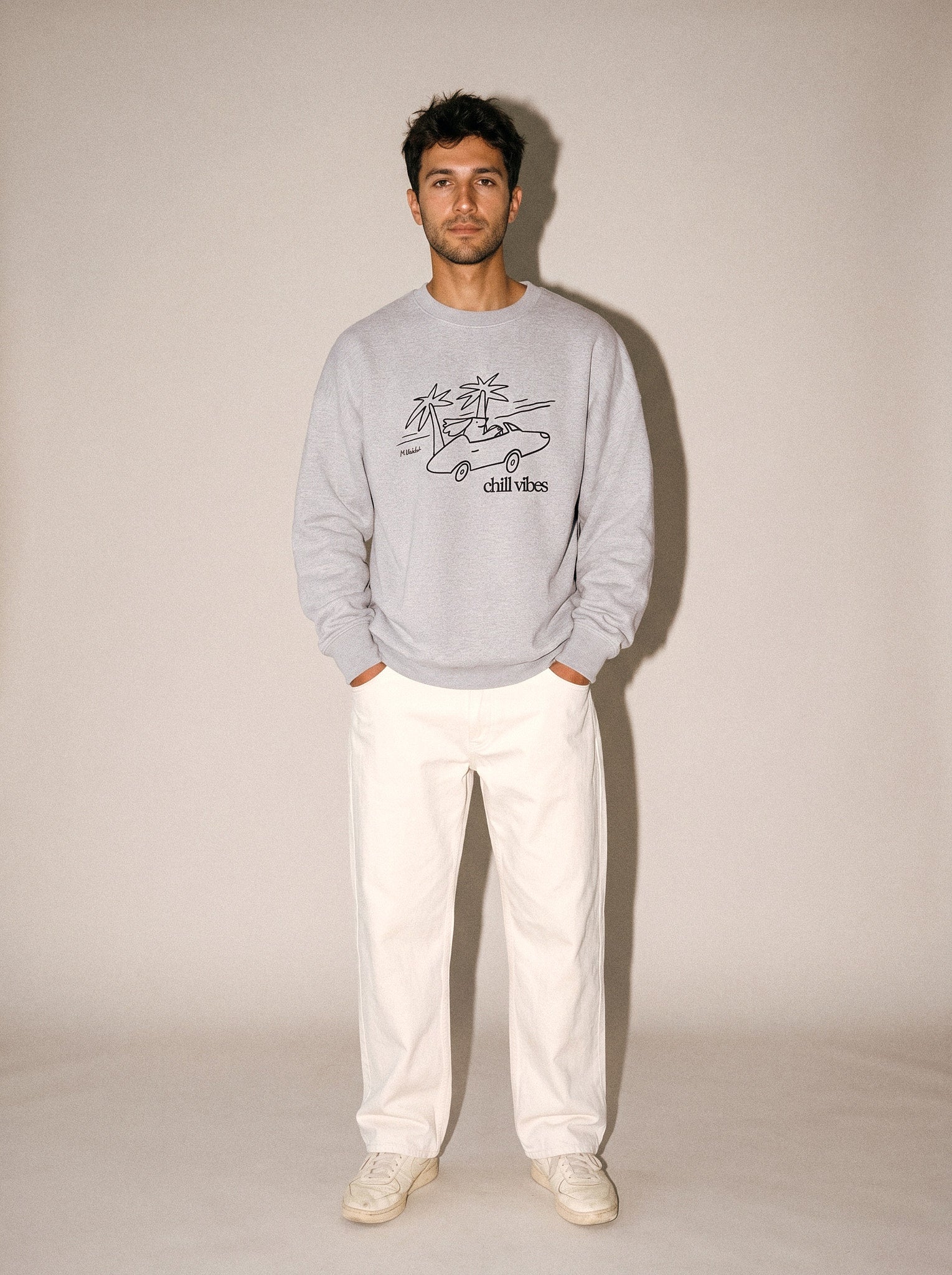 artist collection chill vibes palms dog design heather grey crewneck sweatshirt male model editorial