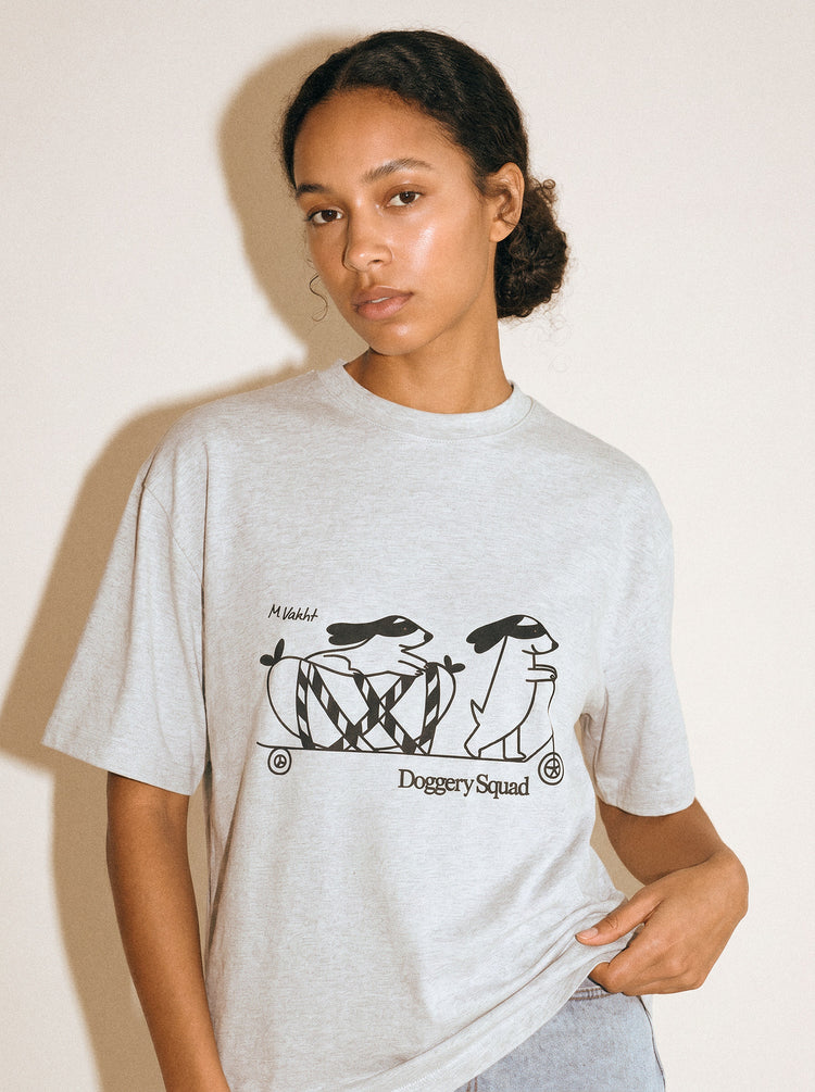 artist collection doggery squad skateboard dogs design heather grey t shirt female model editorial