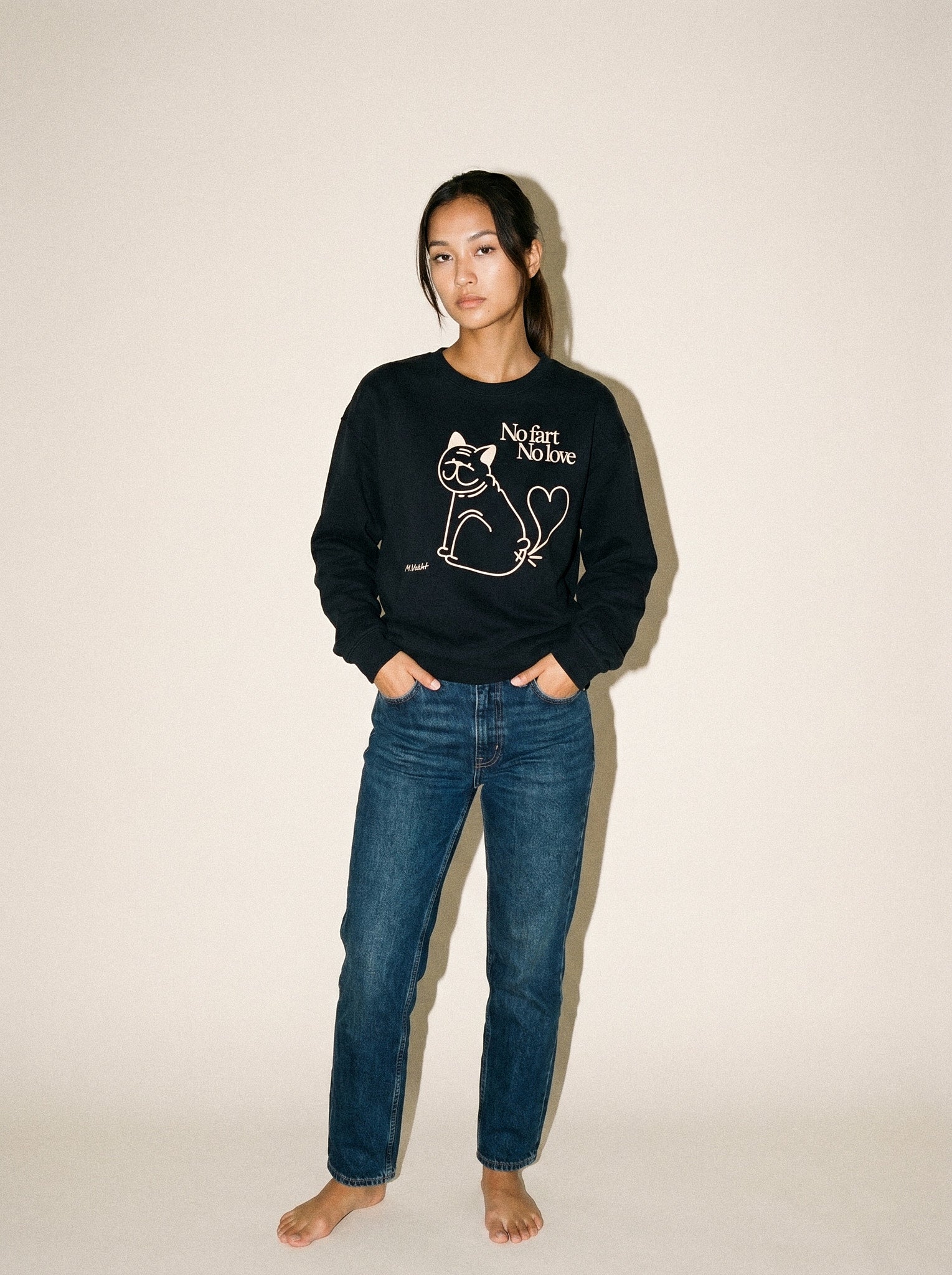 artist collection no fart no love bulldog cat design black crewneck sweatshirt female model editorial