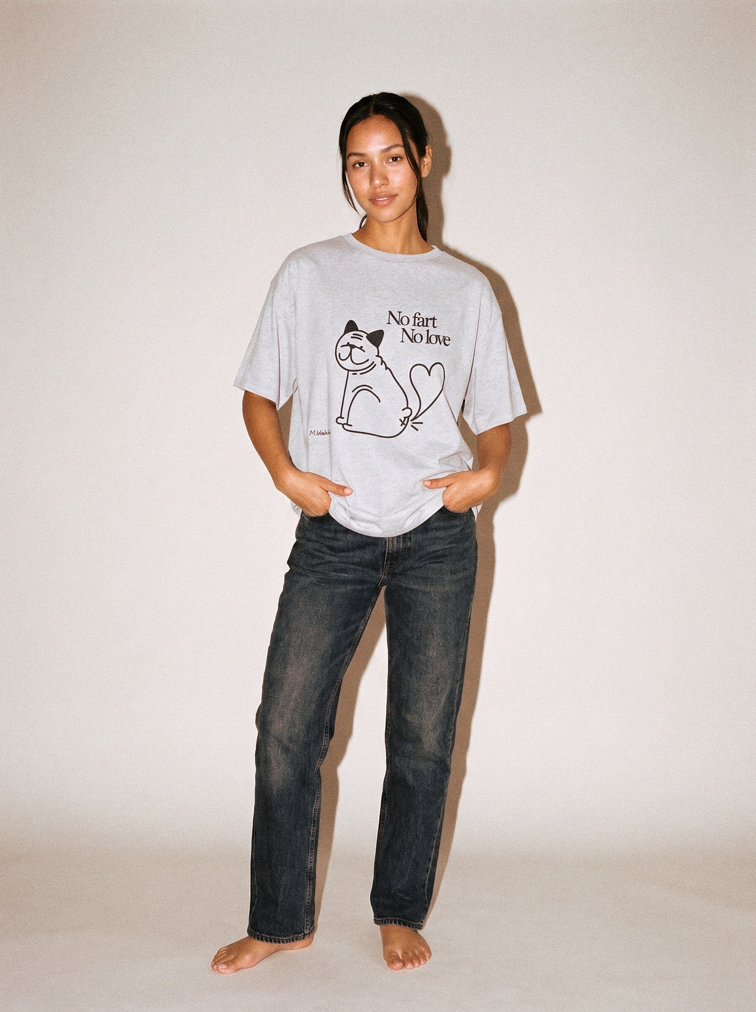 artist collection no fart no love bulldog cat design heather grey t shirt female model editorial