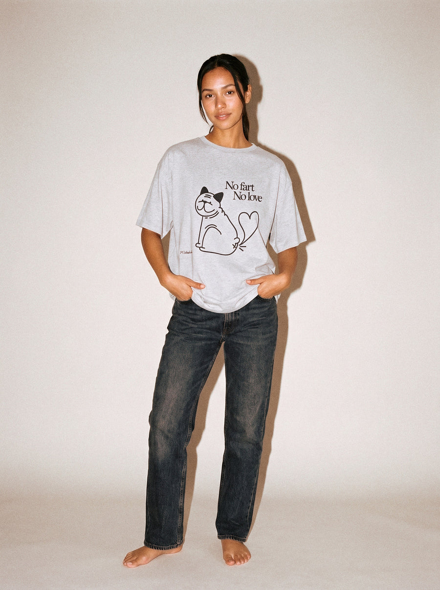 artist collection no fart no love bulldog cat design heather grey t shirt female model editorial