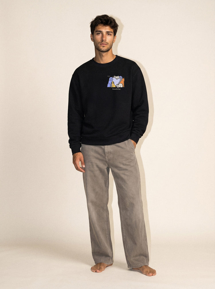 artist collection powered by dogs full color design black crewneck sweatshirt male model editorial