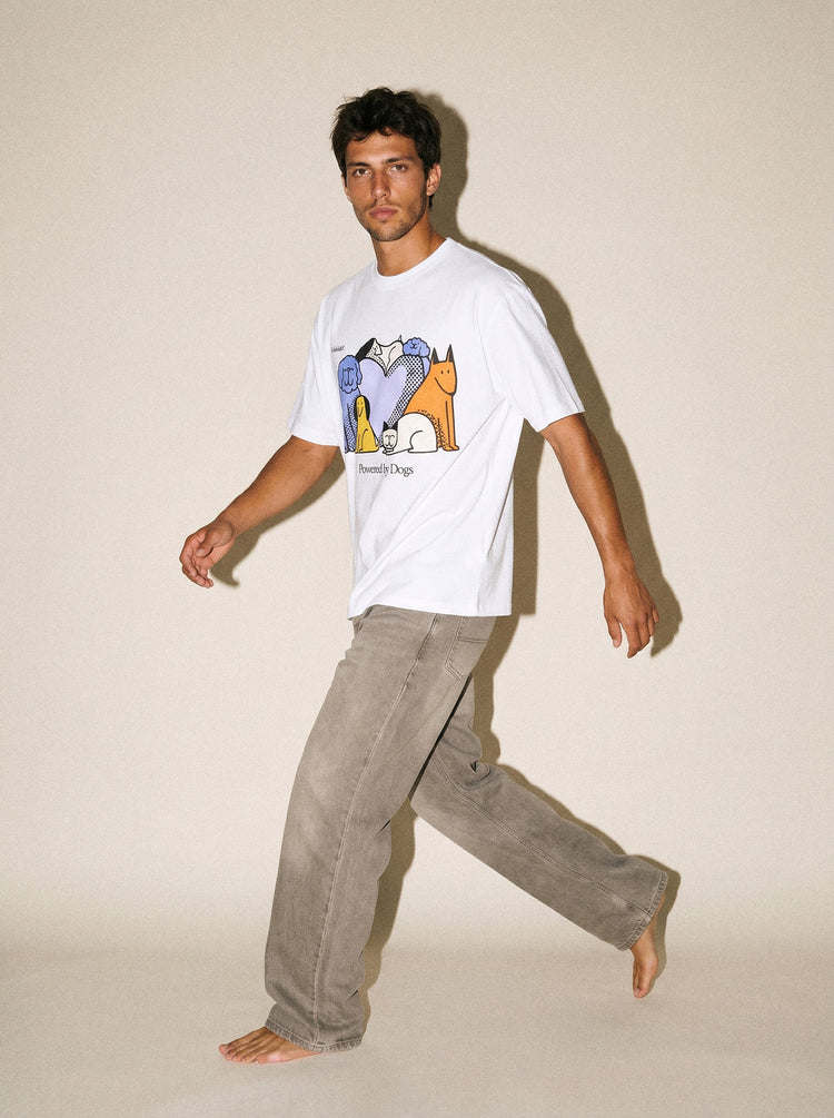 artist collection powered by dogs full color design pure white t shirt male model editorial dynamic