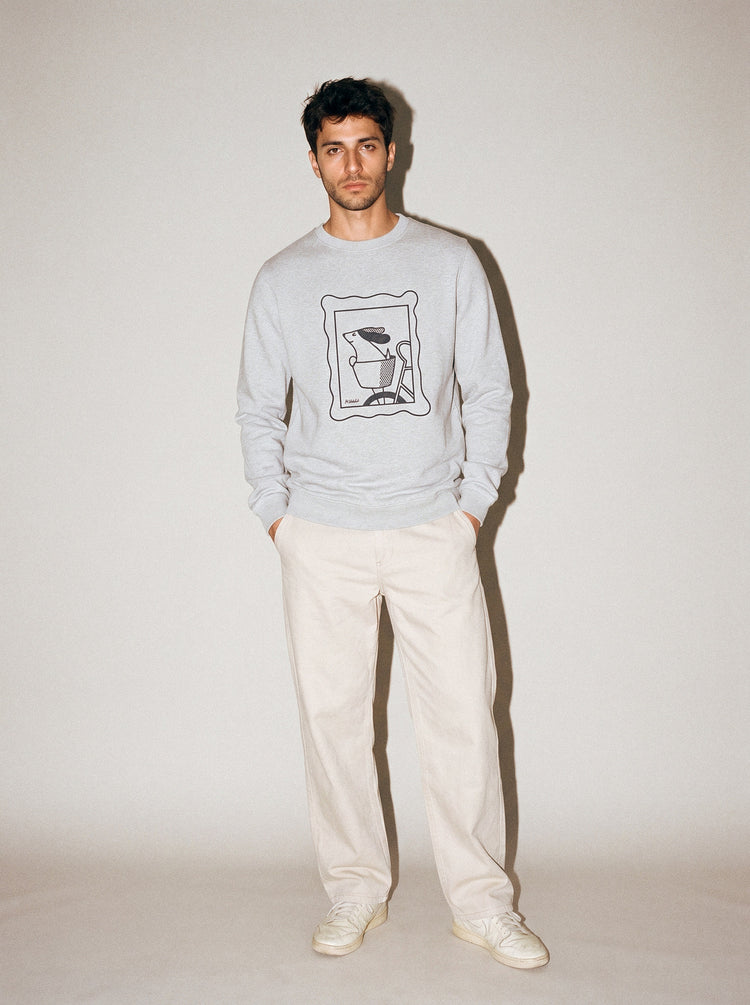 artist collection sunday ride basket dog design heather grey crewneck sweatshirt male model editorial