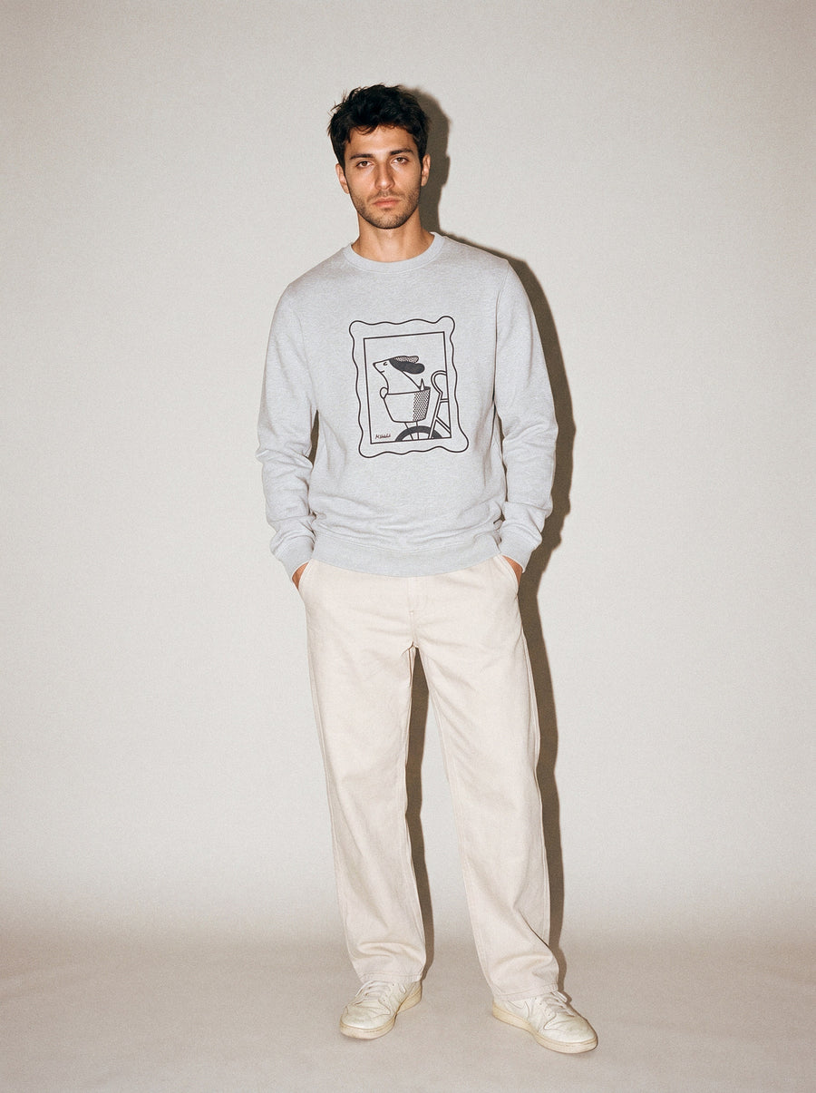 artist collection sunday ride basket dog design heather grey crewneck sweatshirt male model editorial