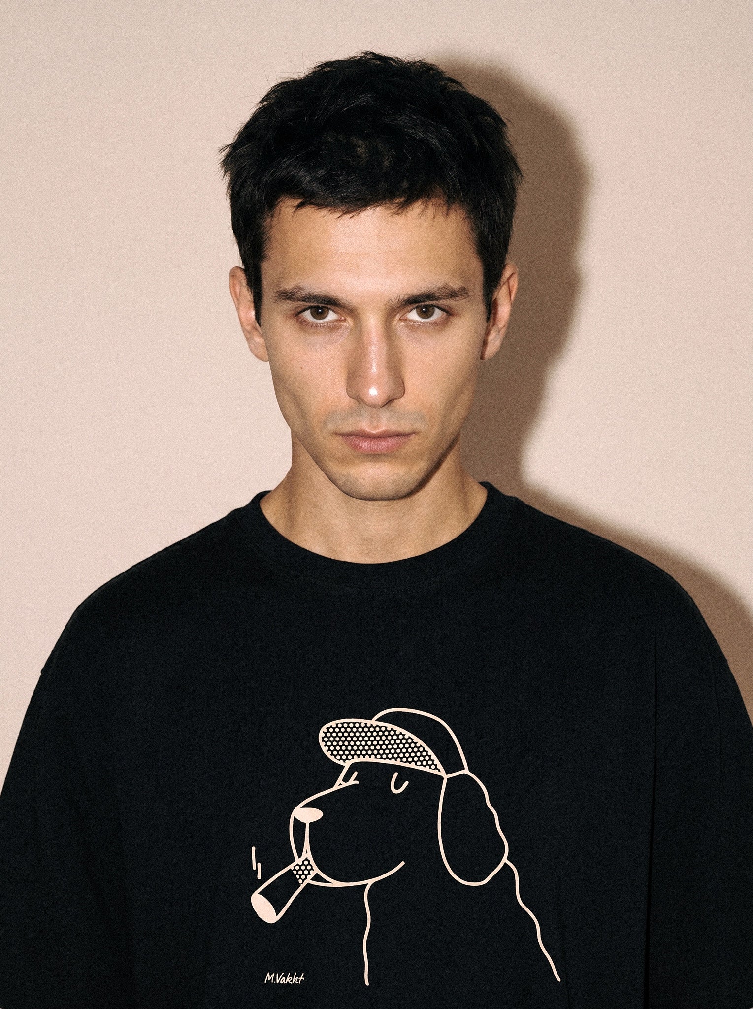 artist collection the professor dog flat cap design black t shirt male model editorial portrait