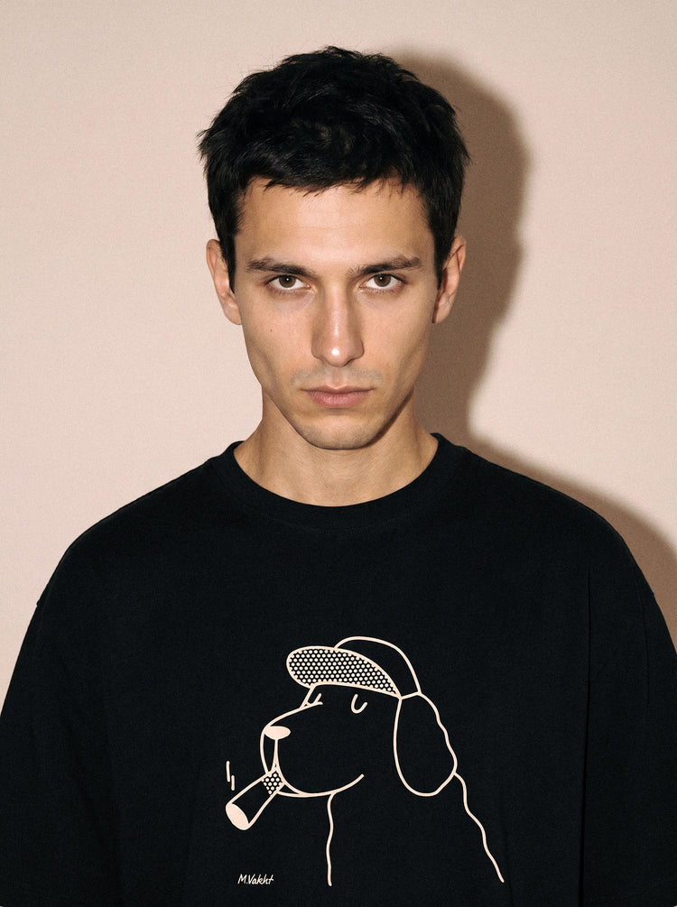 artist collection the professor dog flat cap design black t shirt male model editorial portrait
