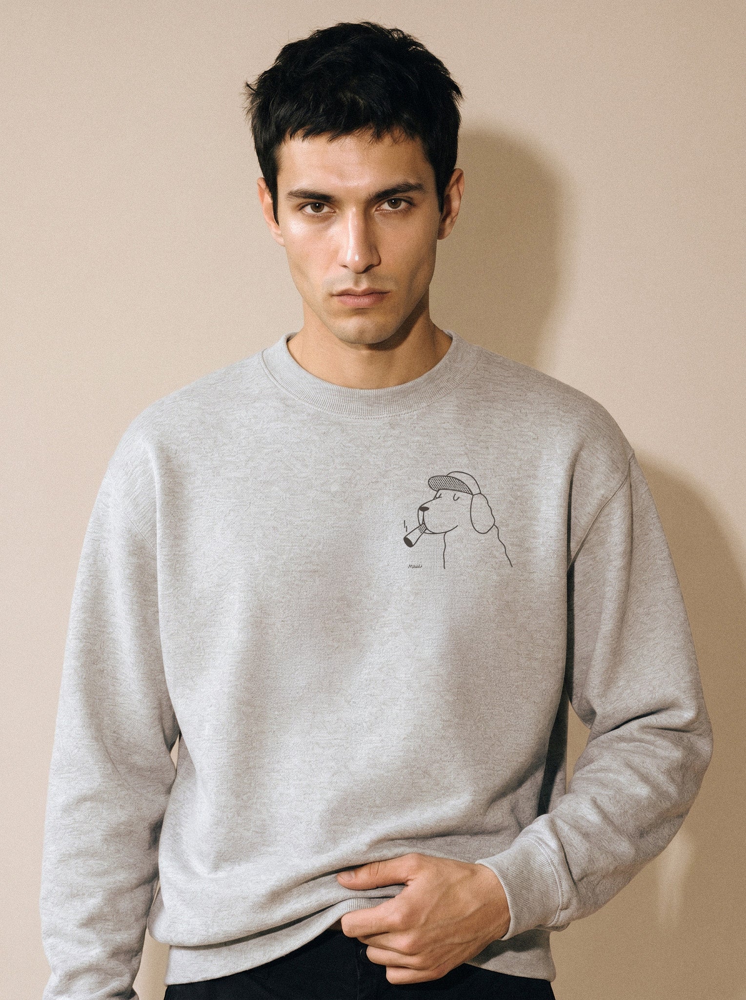 artist collection the professor dog flat cap design heather grey crewneck sweatshirt male model editorial