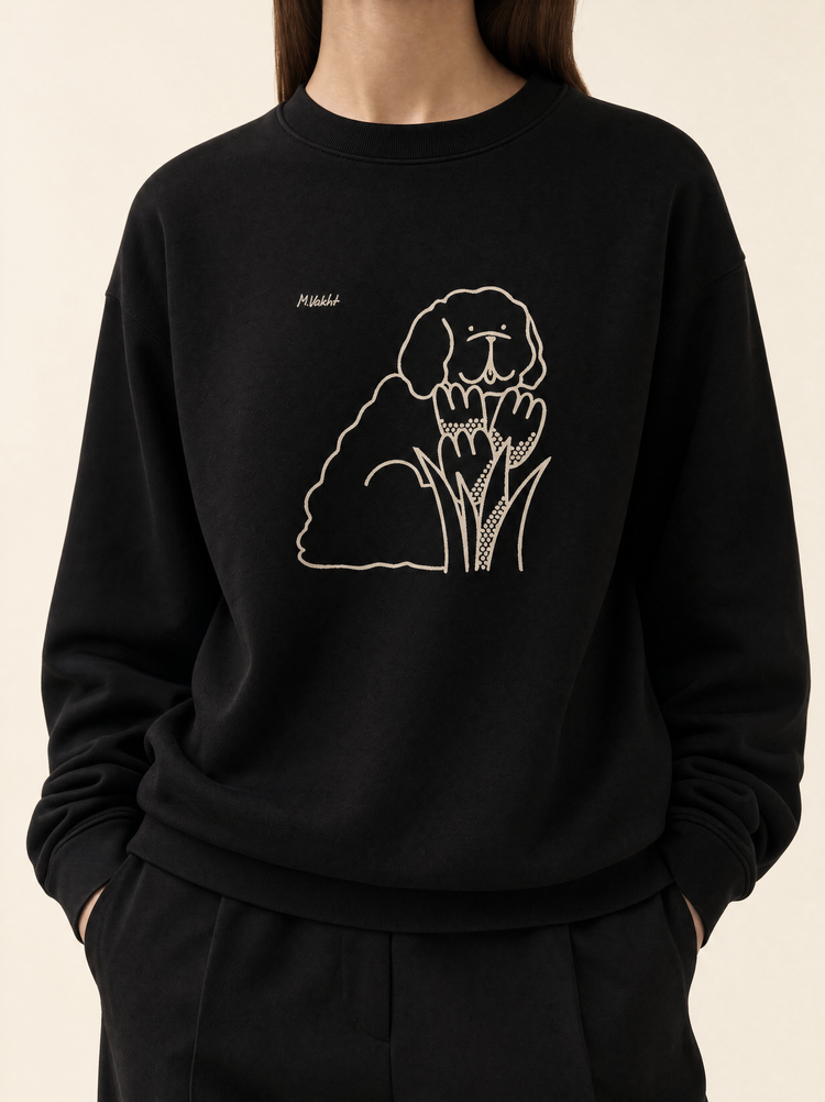 bloom tulip dog design black crewneck sweatshirt female model product shot