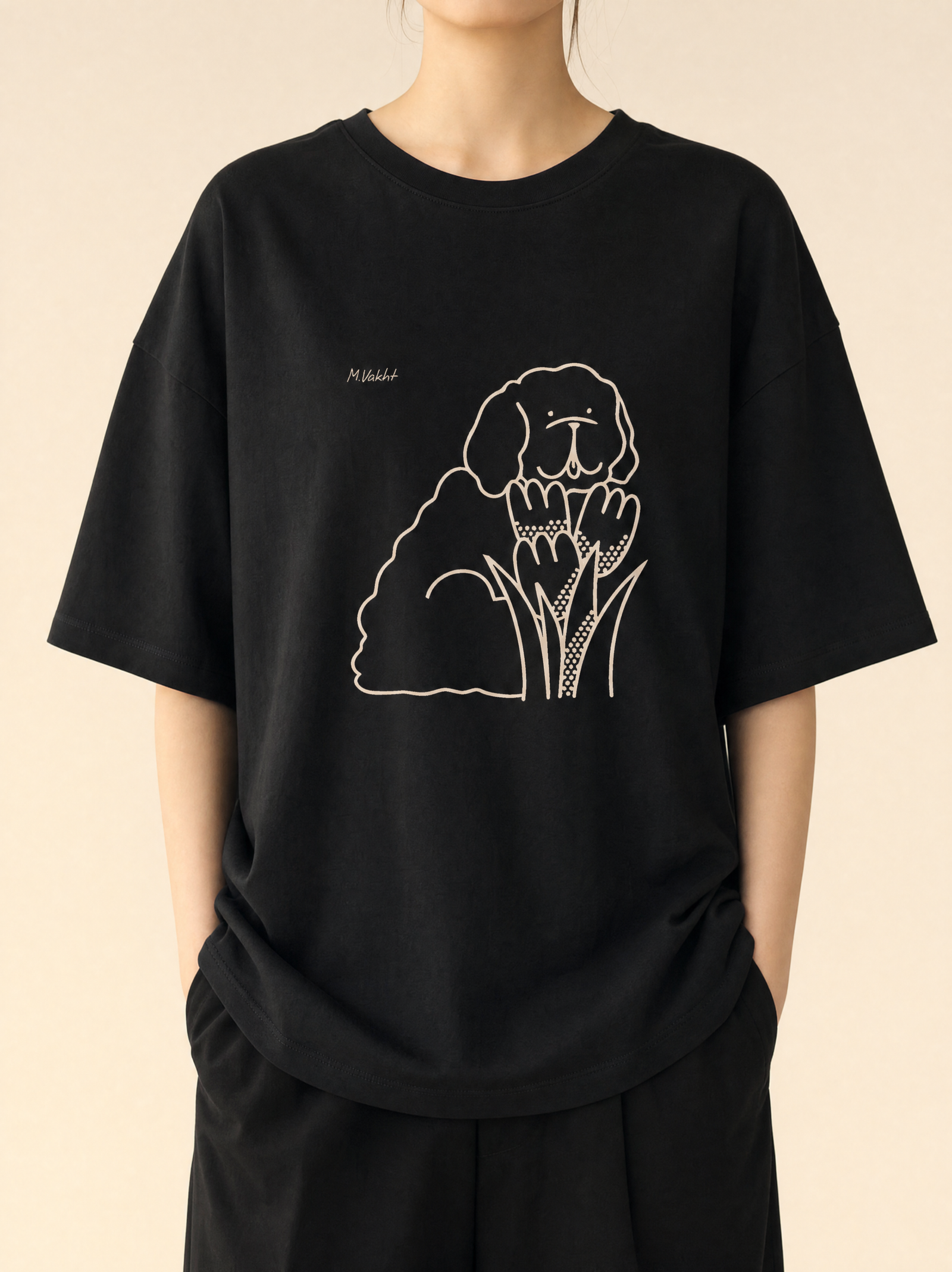 bloom tulip dog design black t shirt female model product shot