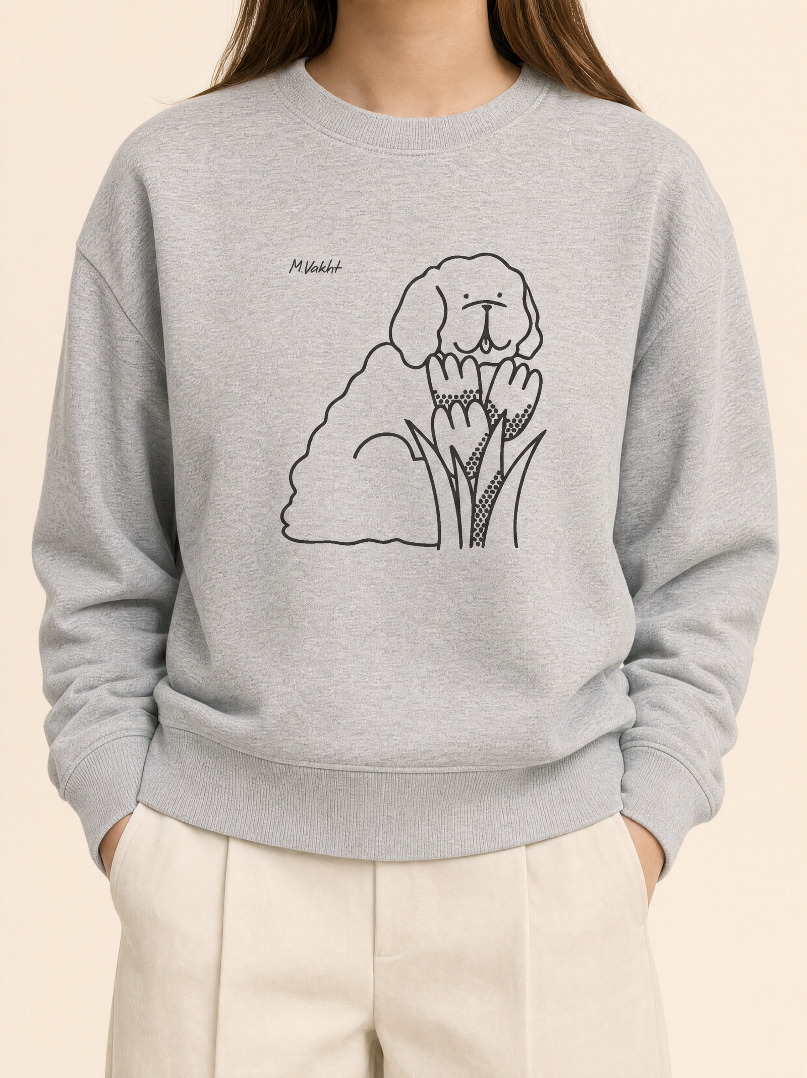 bloom tulip dog design heather grey crewneck sweatshirt female model product shot