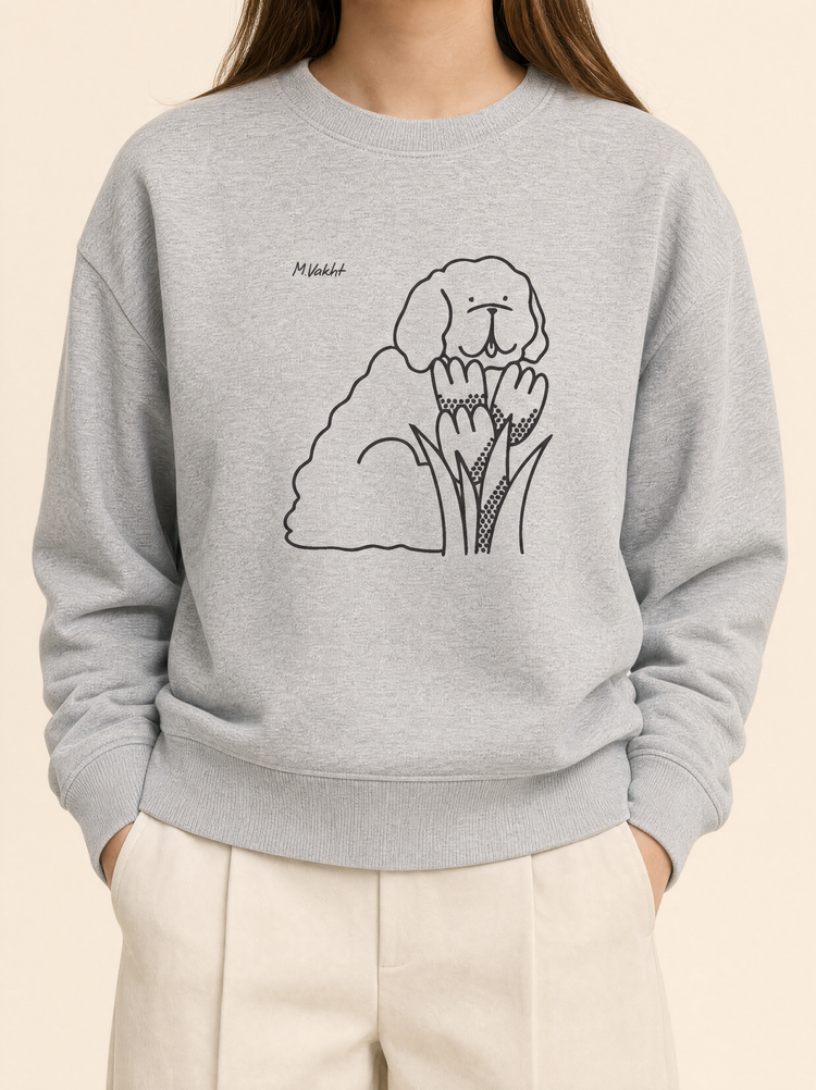 bloom tulip dog design heather grey crewneck sweatshirt female model product shot