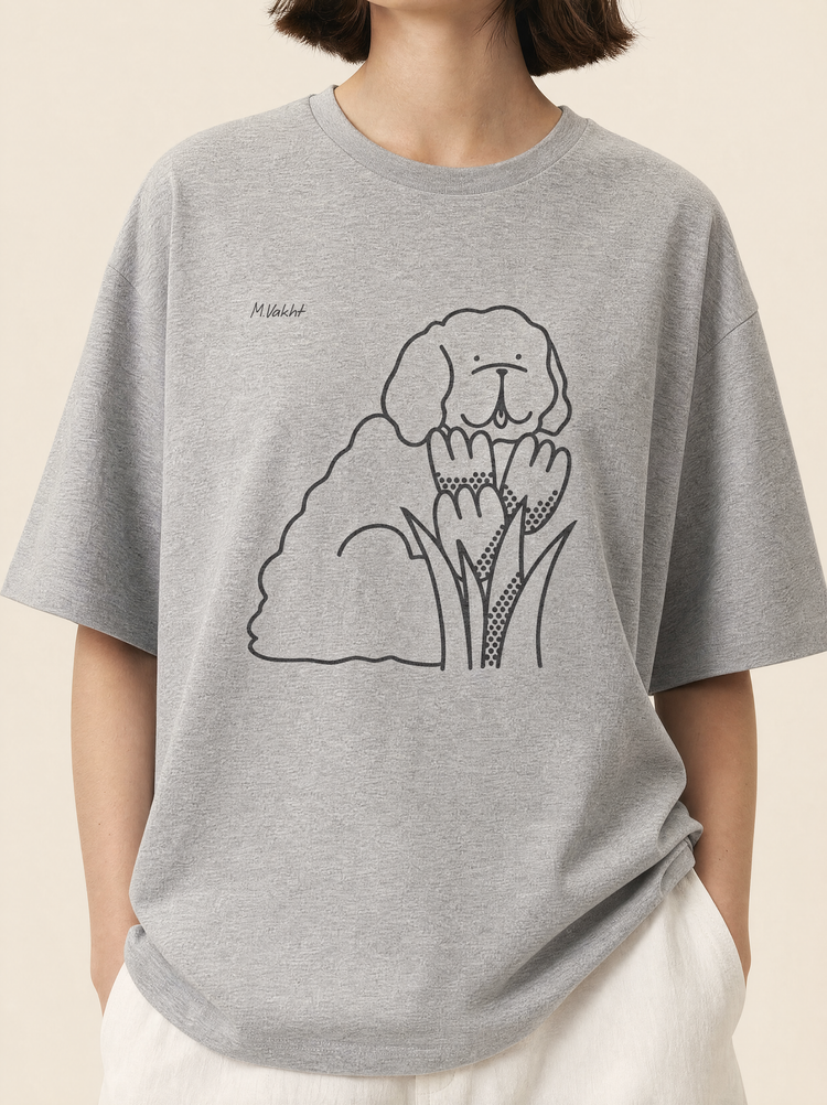 bloom tulip dog design heather grey t shirt female model product shot