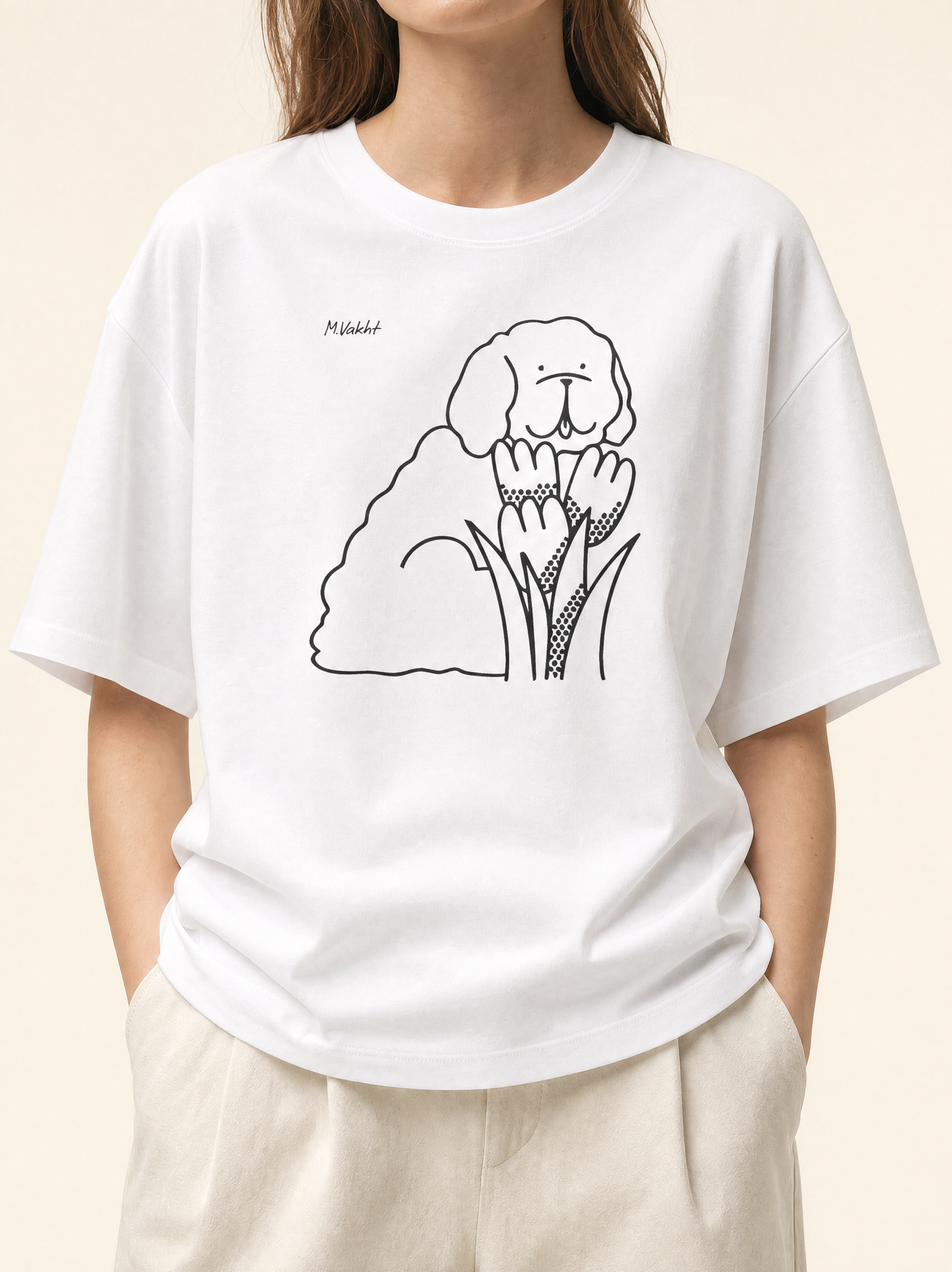 bloom tulip dog design pure white t shirt female model product shot