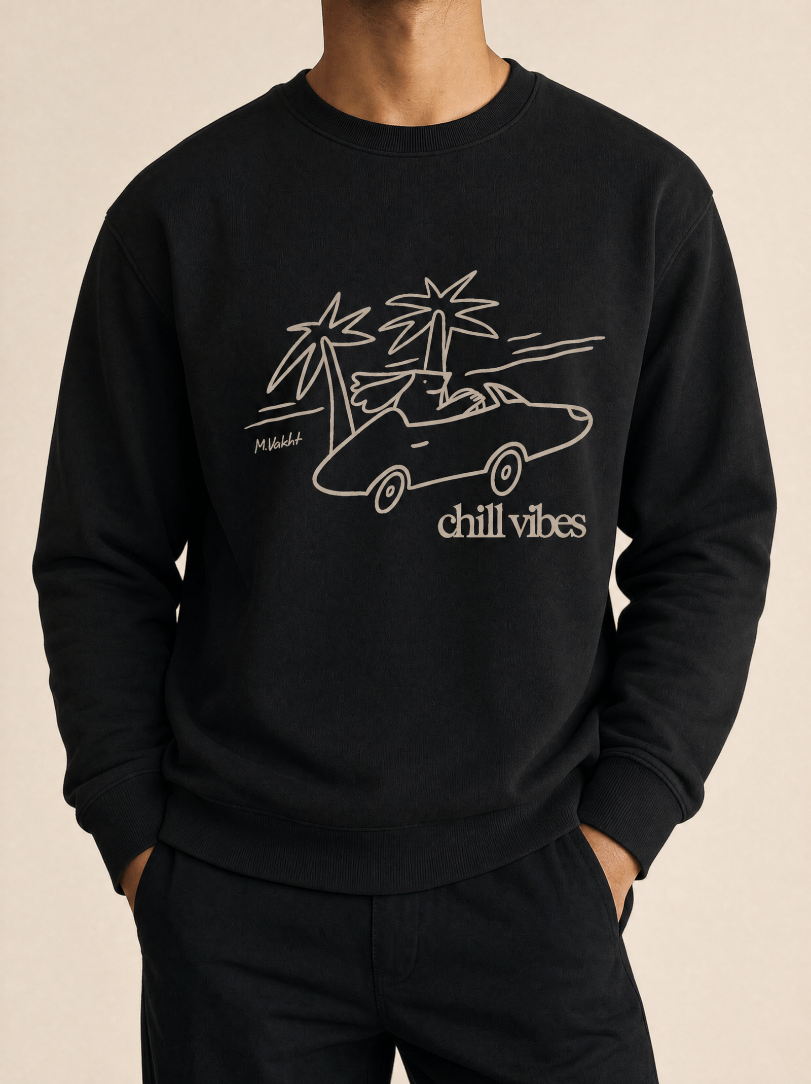 chill vibes palms dog design black crewneck sweatshirt male model product shot