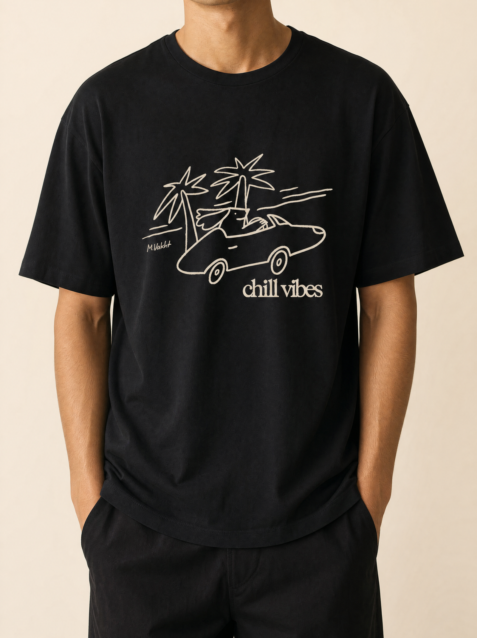 chill vibes palms dog design black t shirt male model product shot
