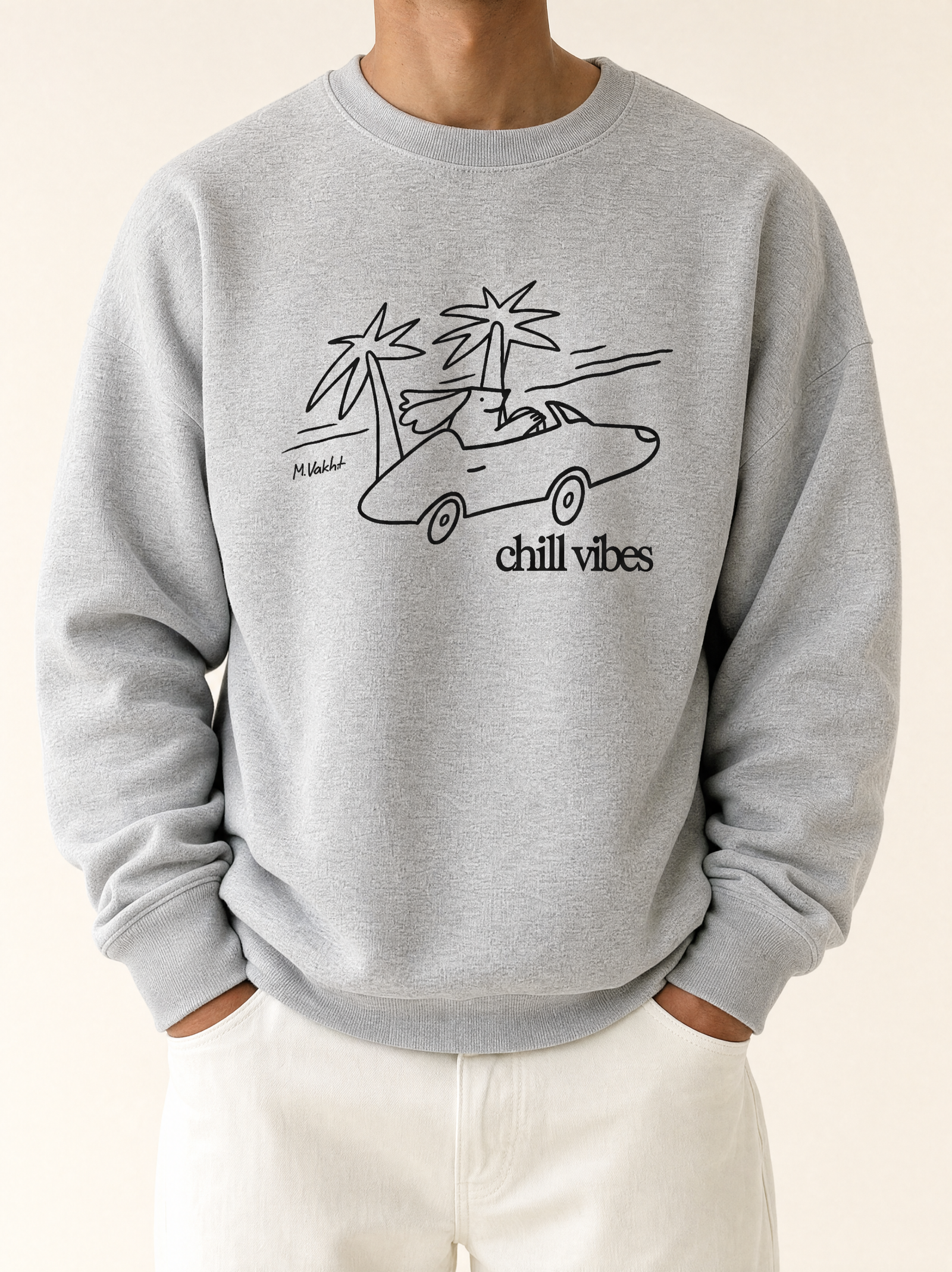 chill vibes palms dog design heather grey crewneck sweatshirt male model product shot