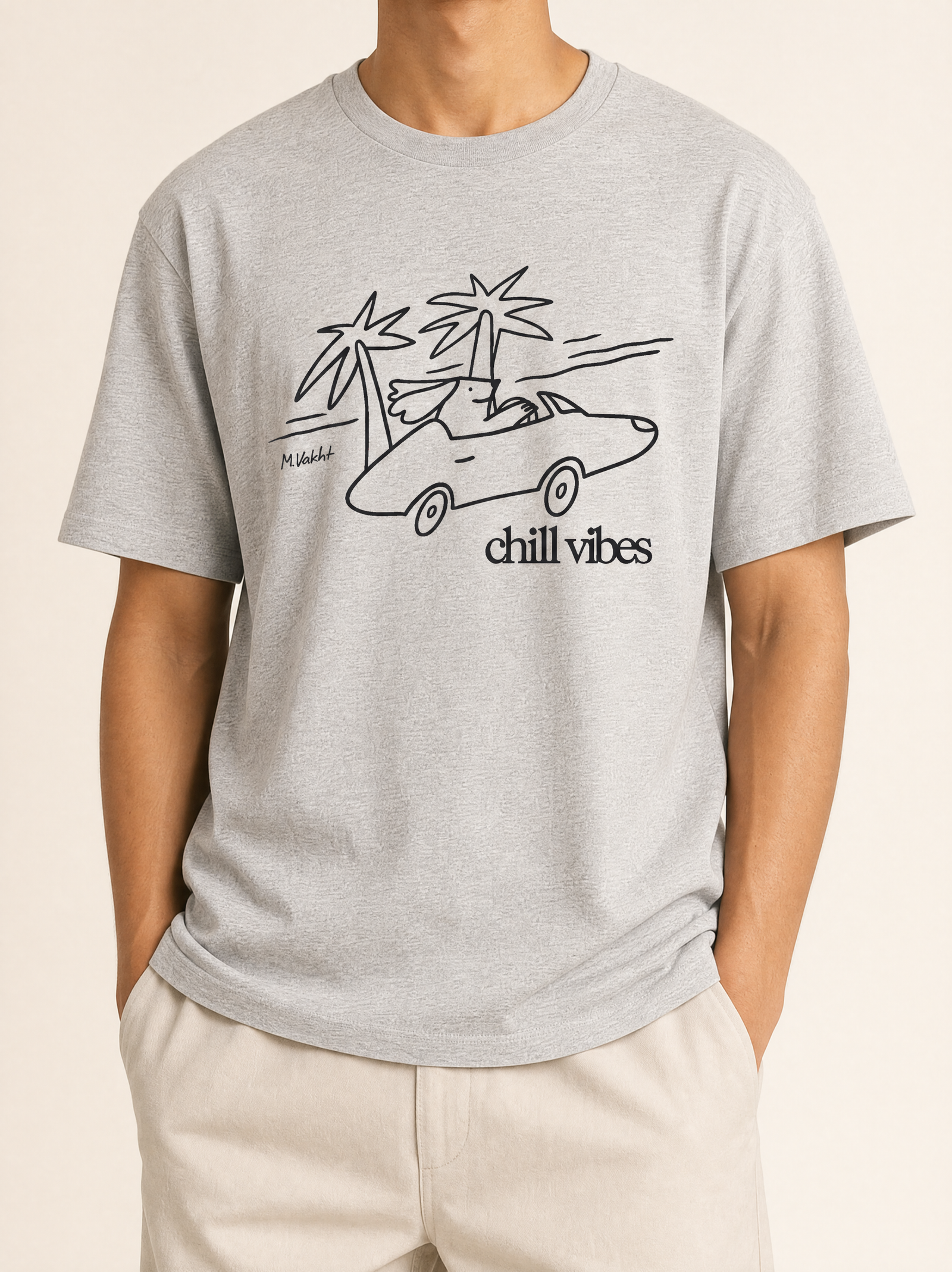 chill vibes palms dog design heather grey t shirt male model product shot