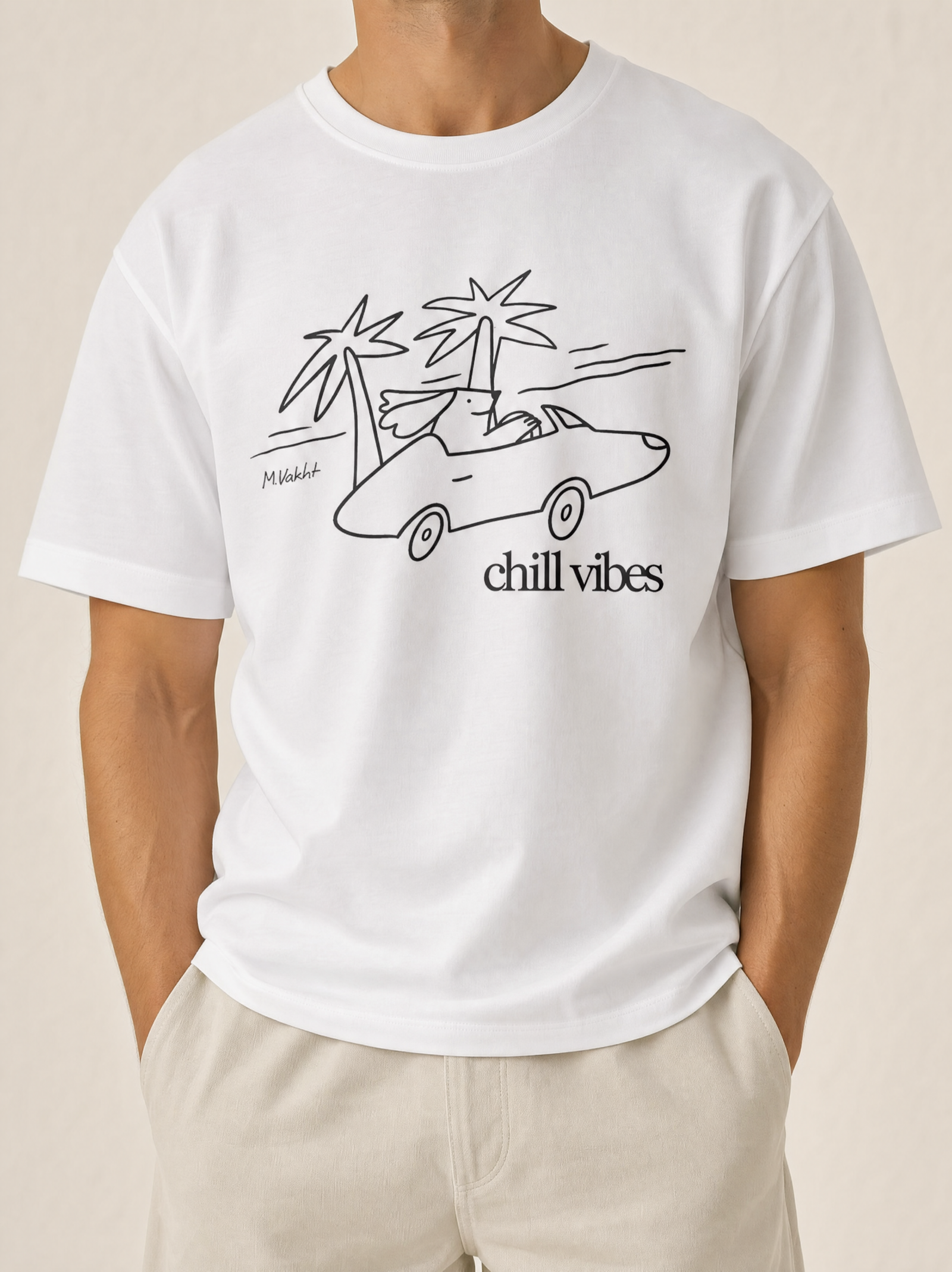 chill vibes palms dog design pure white t shirt male model product shot