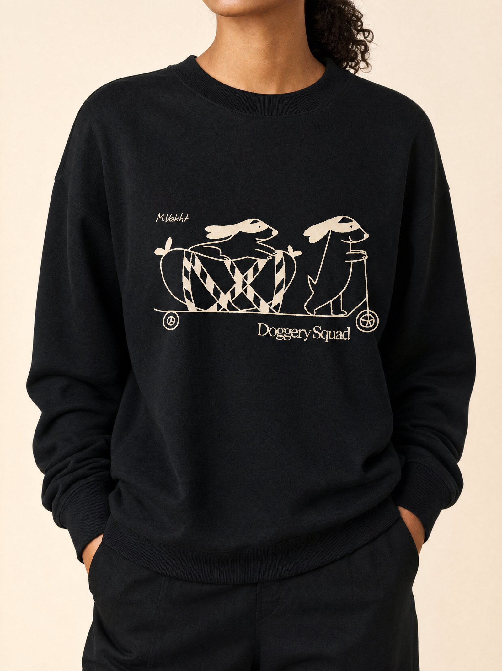 doggery squad skateboard dogs design black crewneck sweatshirt female model product shot