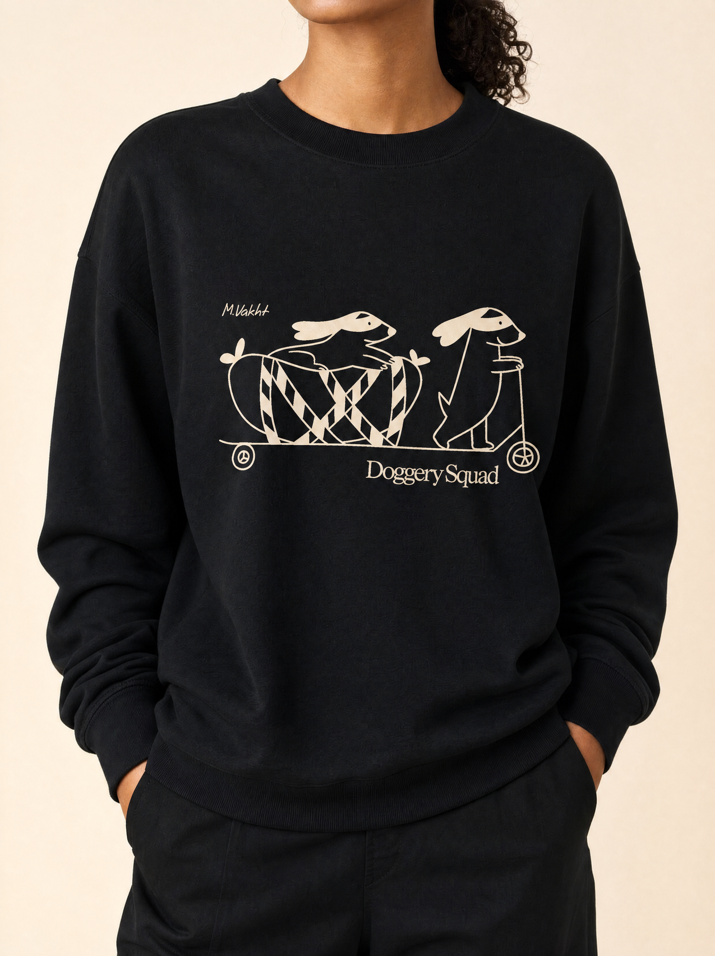 doggery squad skateboard dogs design black crewneck sweatshirt female model product shot