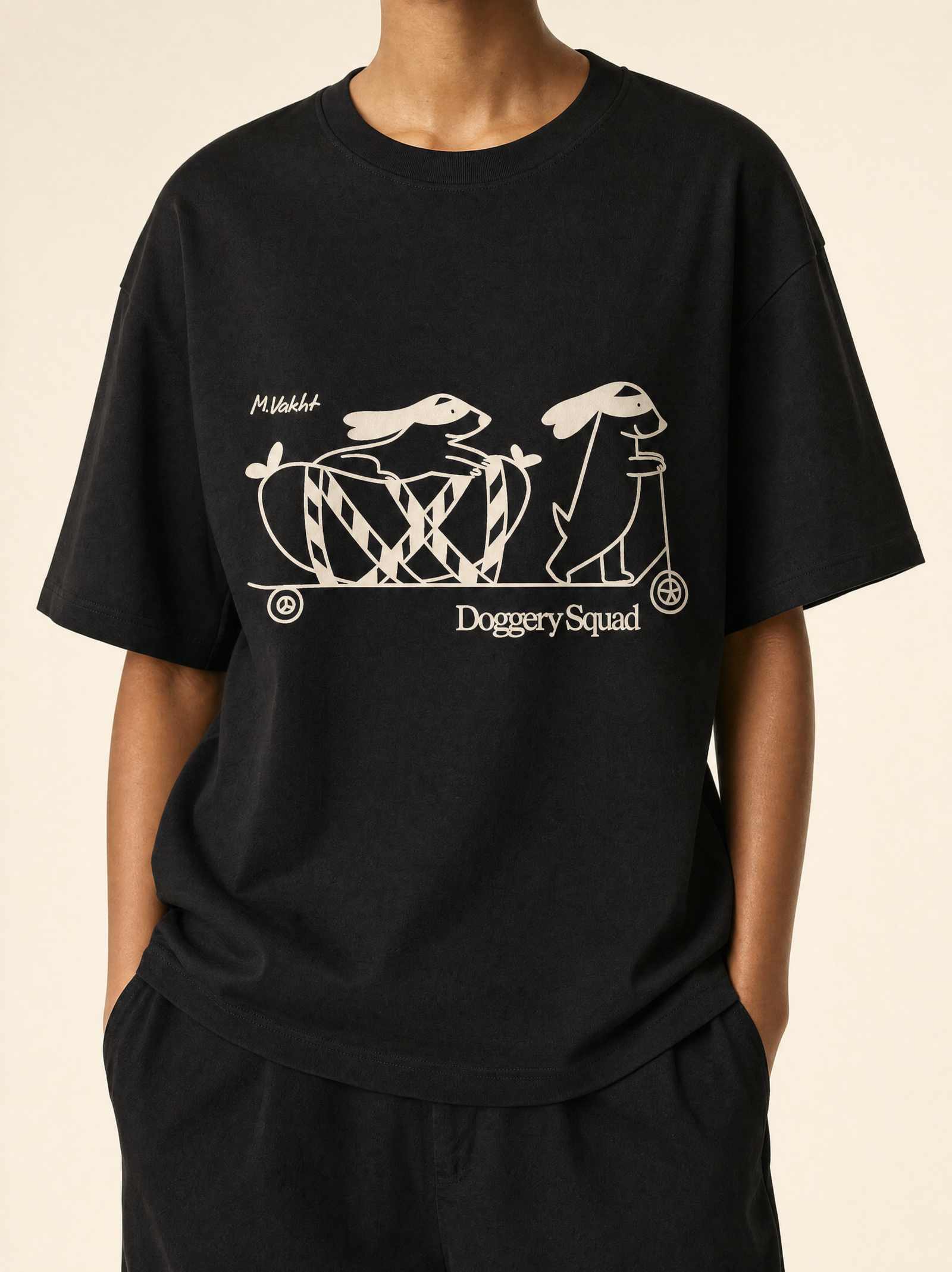 doggery squad skateboard dogs design black t shirt female model product shot