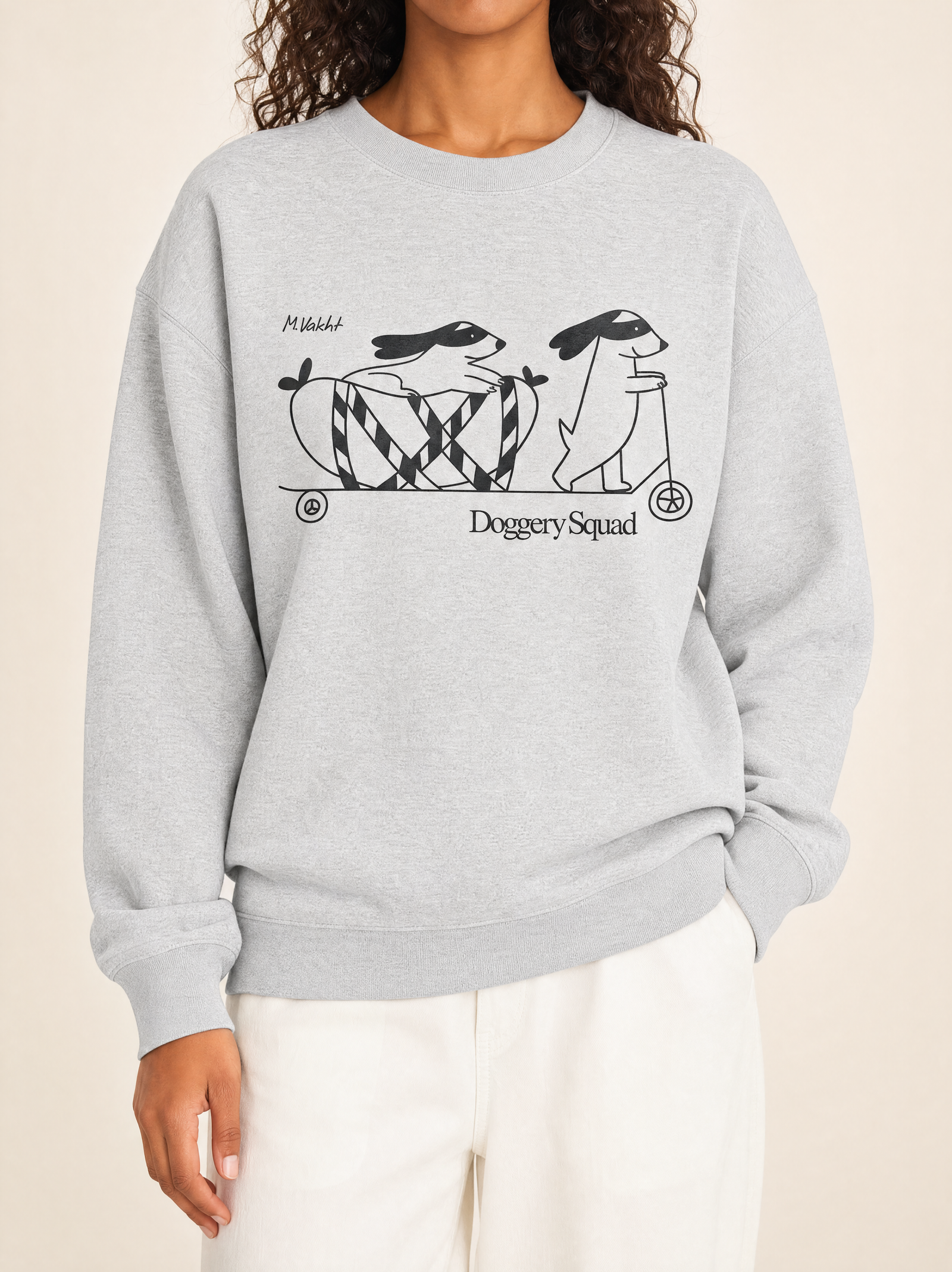 doggery squad skateboard dogs design heather grey crewneck sweatshirt female model product shot