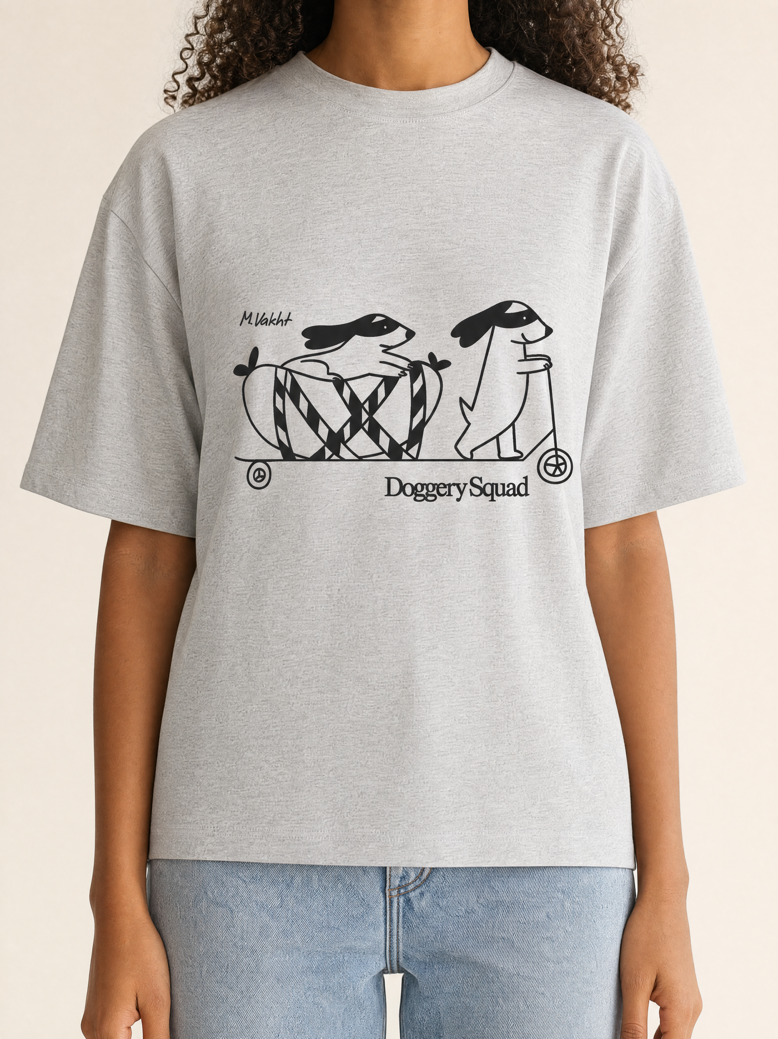 doggery squad skateboard dogs design heather grey t shirt female model product shot
