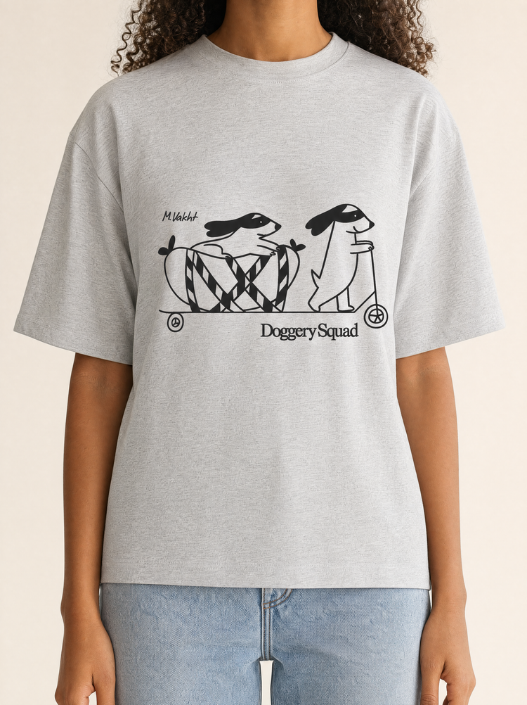 doggery squad skateboard dogs design heather grey t shirt female model product shot