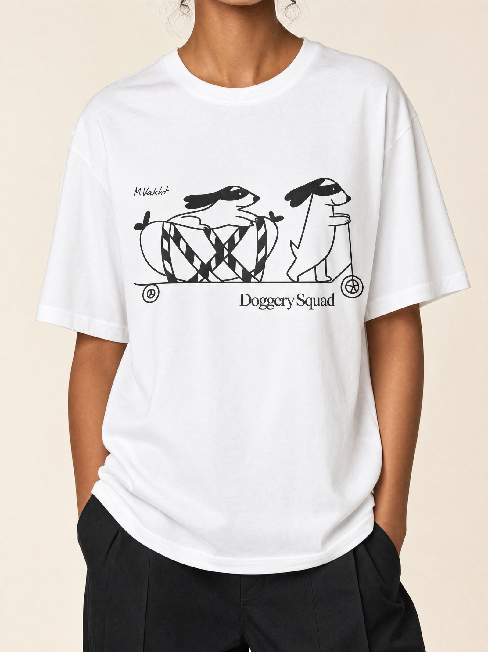 doggery squad skateboard dogs design pure white t shirt female model product shot