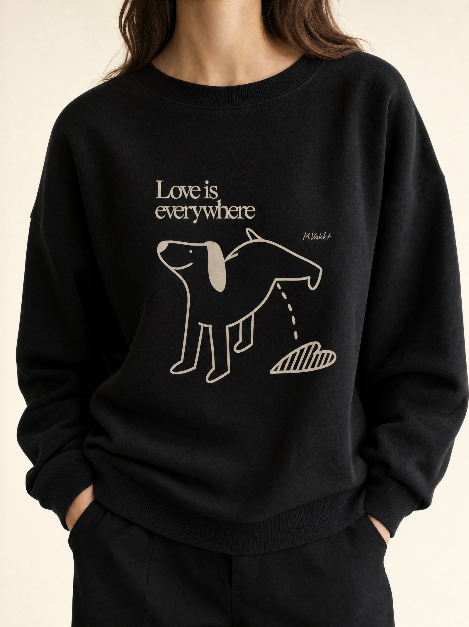 love is everywhere dog heart design black crewneck sweatshirt female model product shot