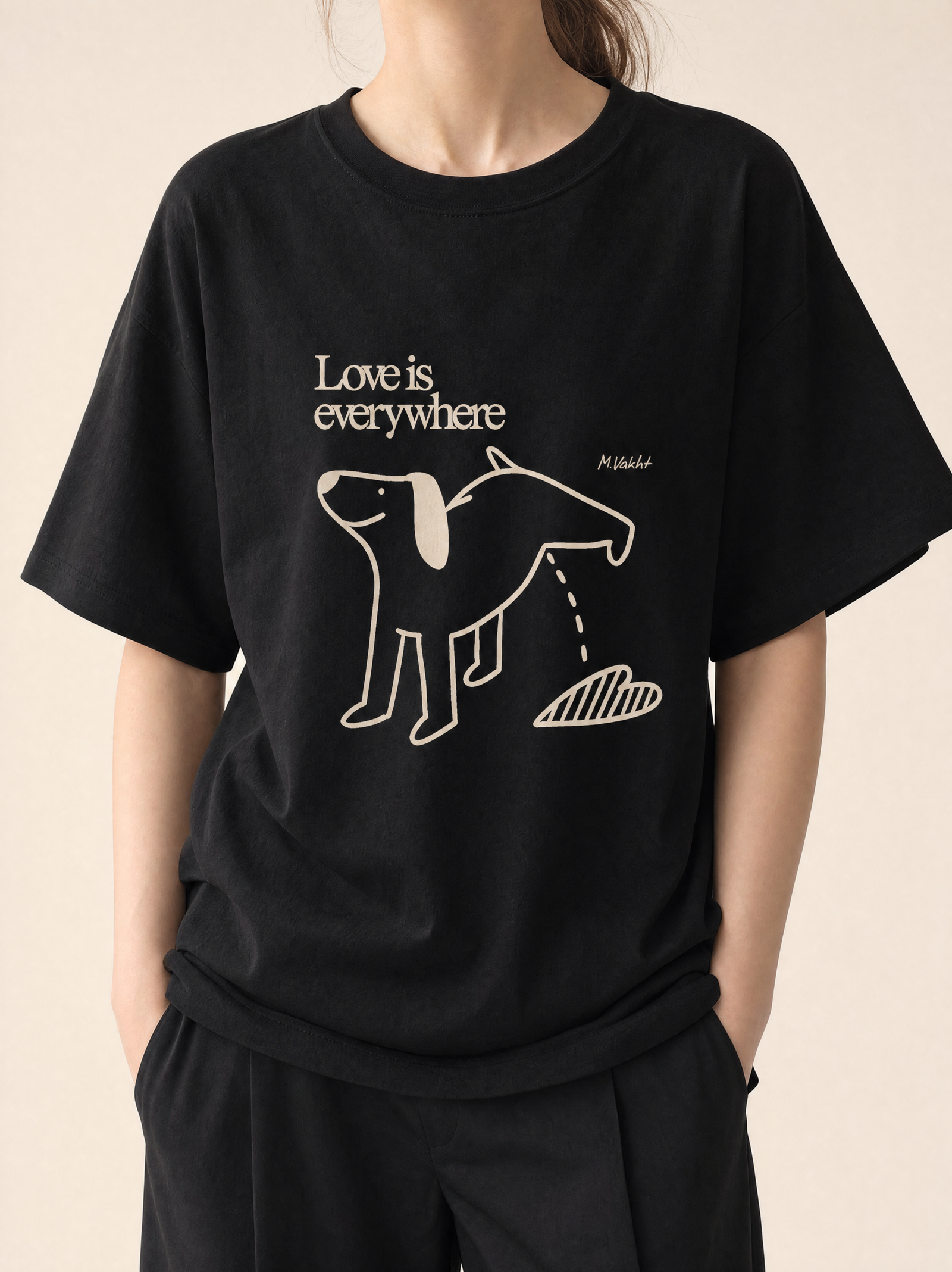love is everywhere dog heart design black t shirt female model product shot