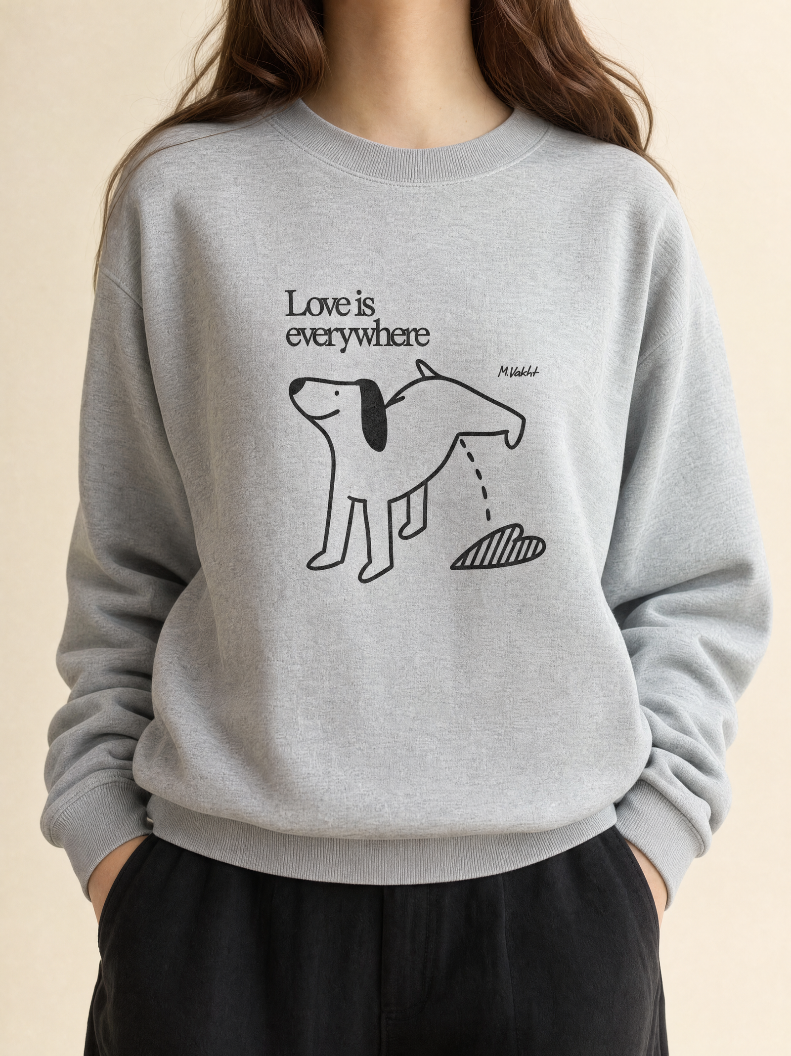 love is everywhere dog heart design heather grey crewneck sweatshirt female model product shot