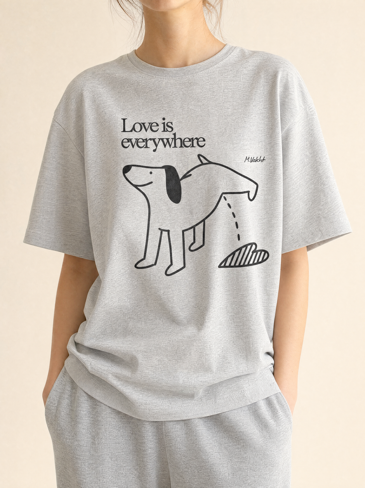 love is everywhere dog heart design heather grey t shirt female model product shot