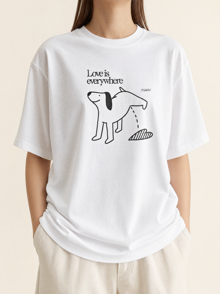 love is everywhere dog heart design pure white t shirt female model product shot