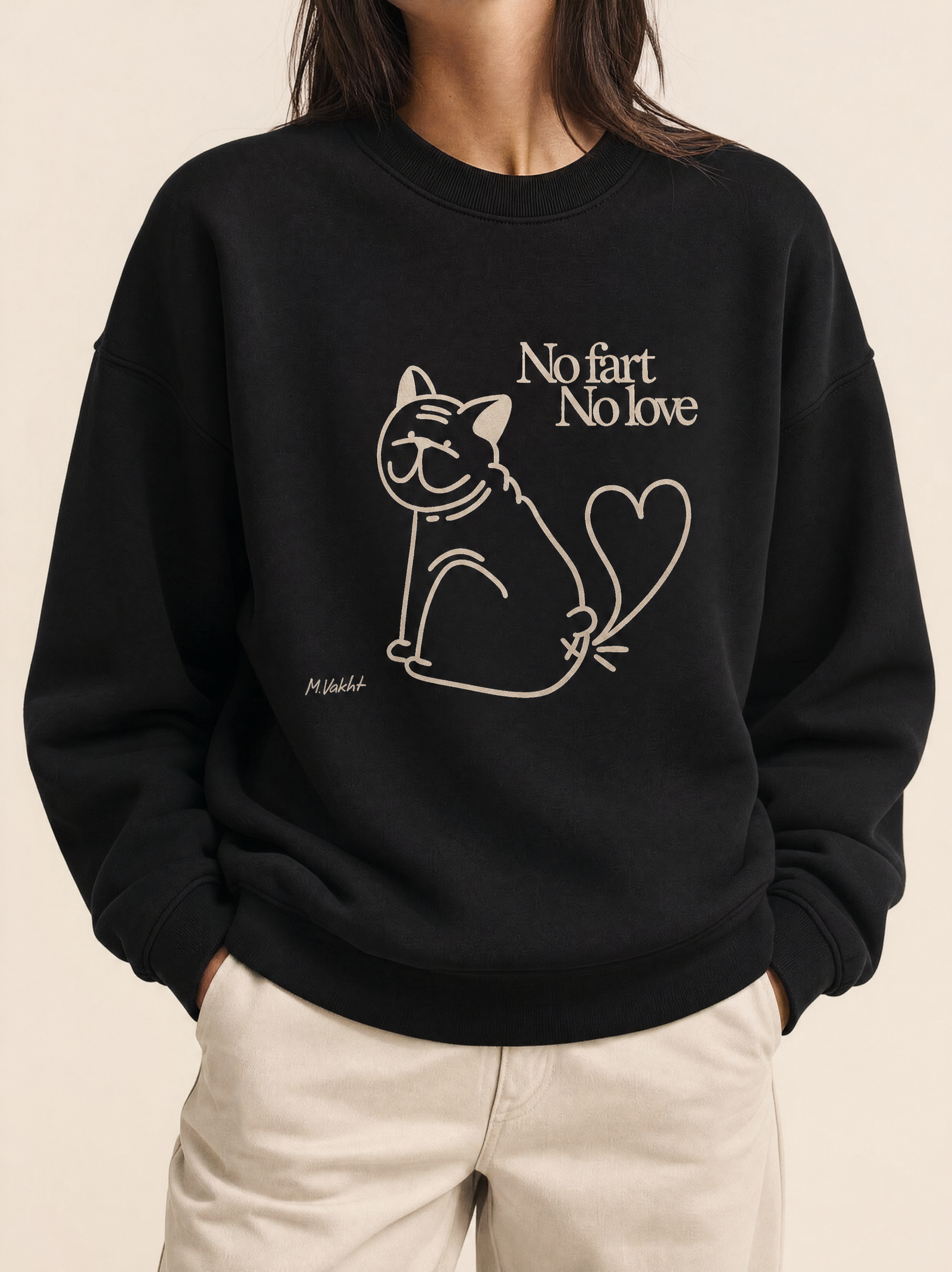 no fart no love bulldog cat design black crewneck sweatshirt female model product shot