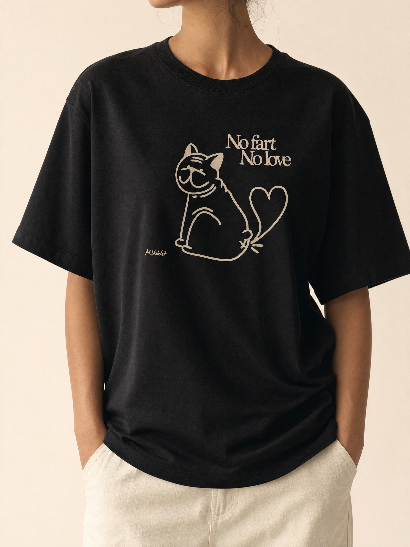 no fart no love bulldog cat design black t shirt female model product shot