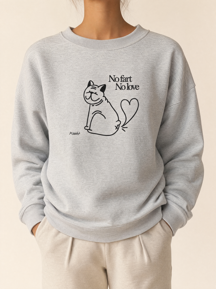 no fart no love bulldog cat design heather grey crewneck sweatshirt female model product shot