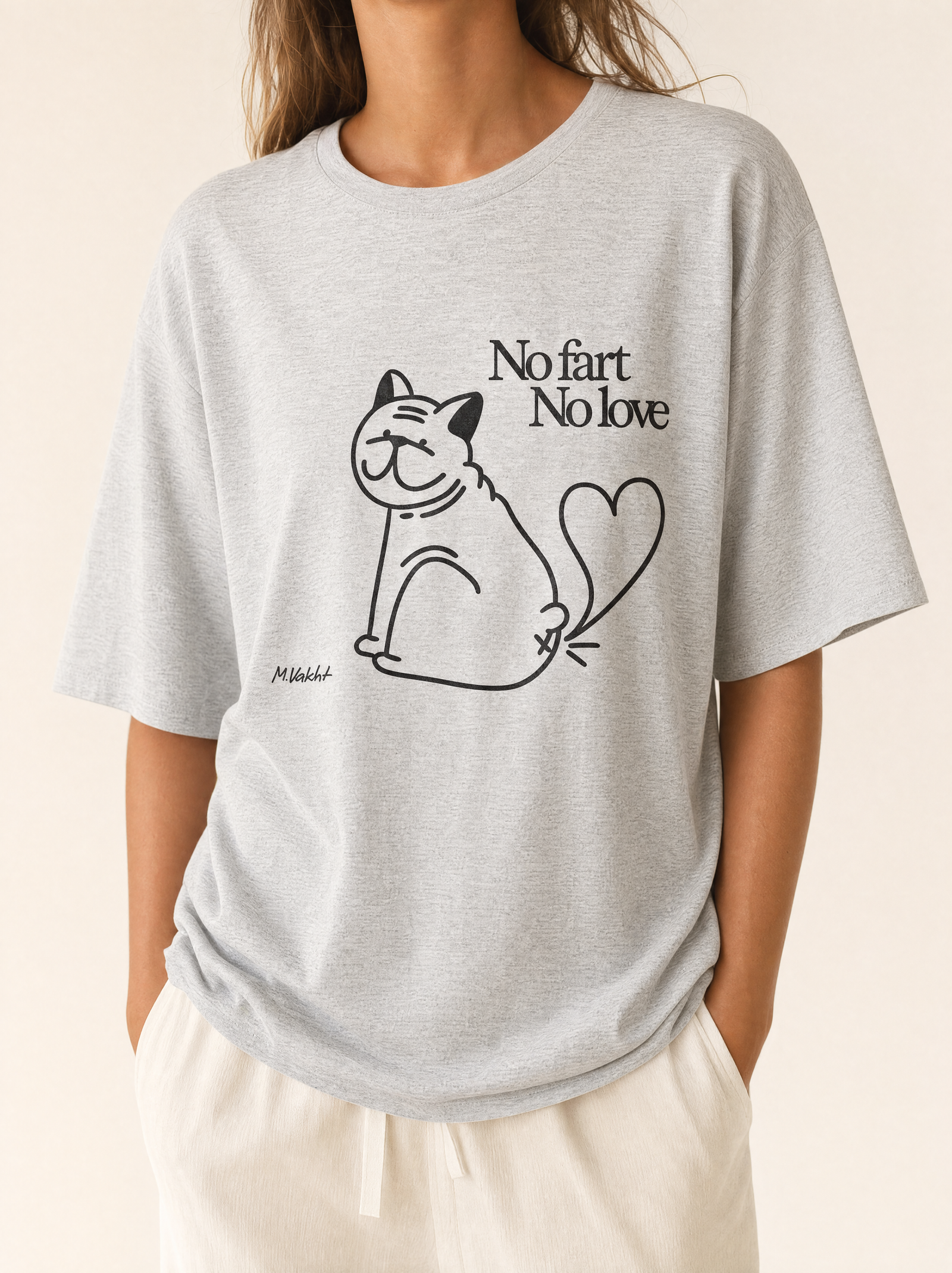 no fart no love bulldog cat design heather grey t shirt female model product shot
