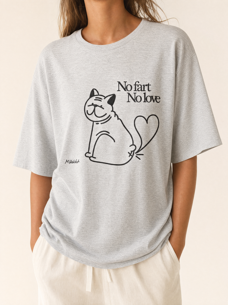 no fart no love bulldog cat design heather grey t shirt female model product shot