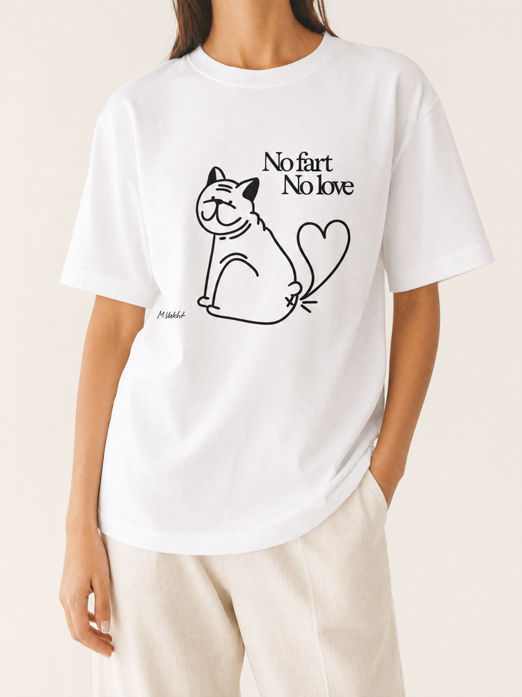 no fart no love bulldog cat design pure white t shirt female model product shot