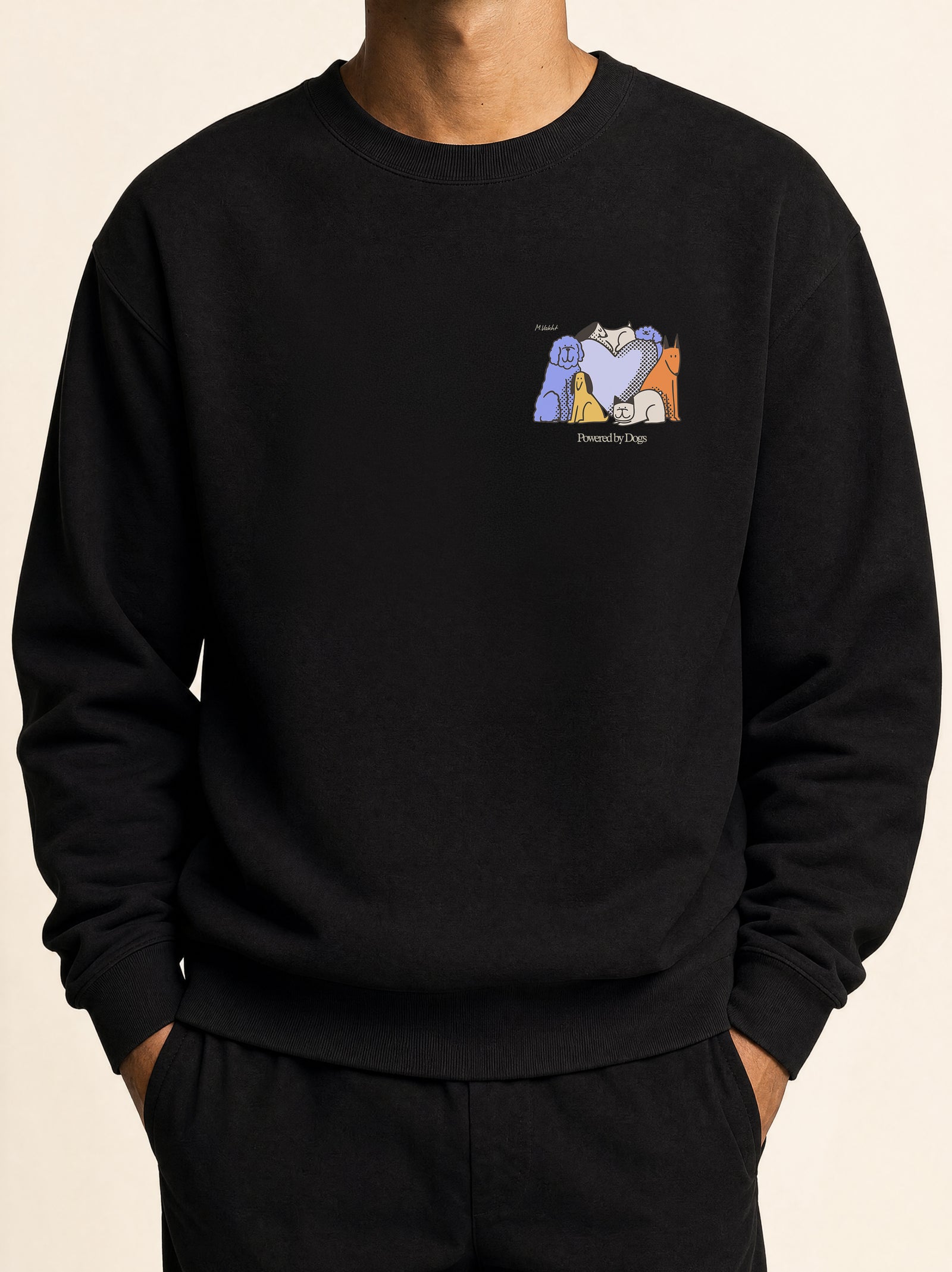powered by dogs full color design black crewneck sweatshirt male model product shot