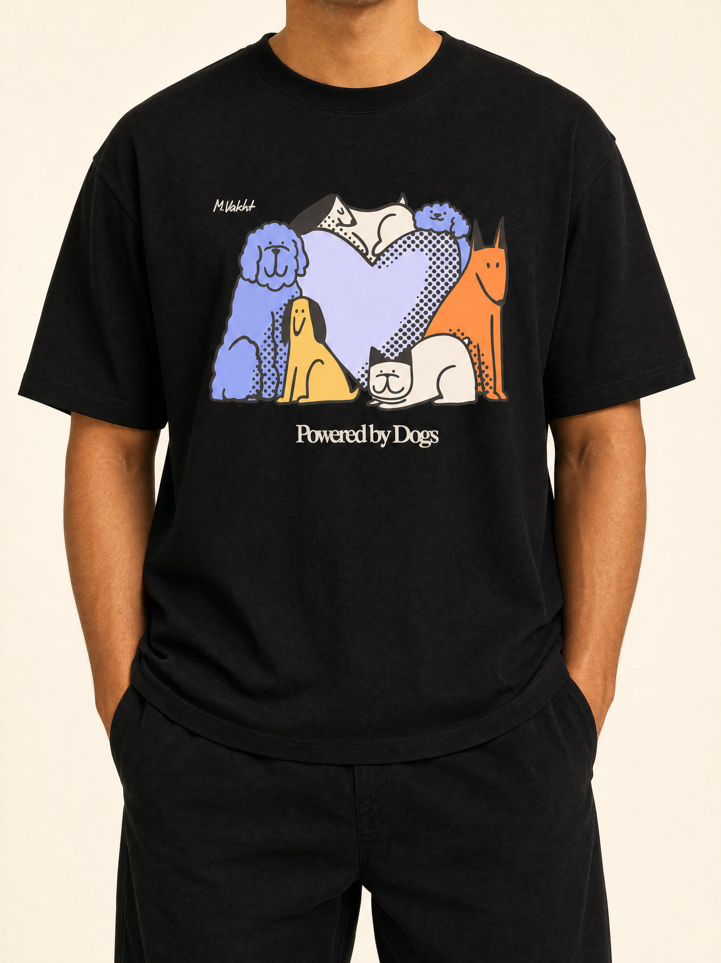 powered by dogs full color design black t shirt male model product shot