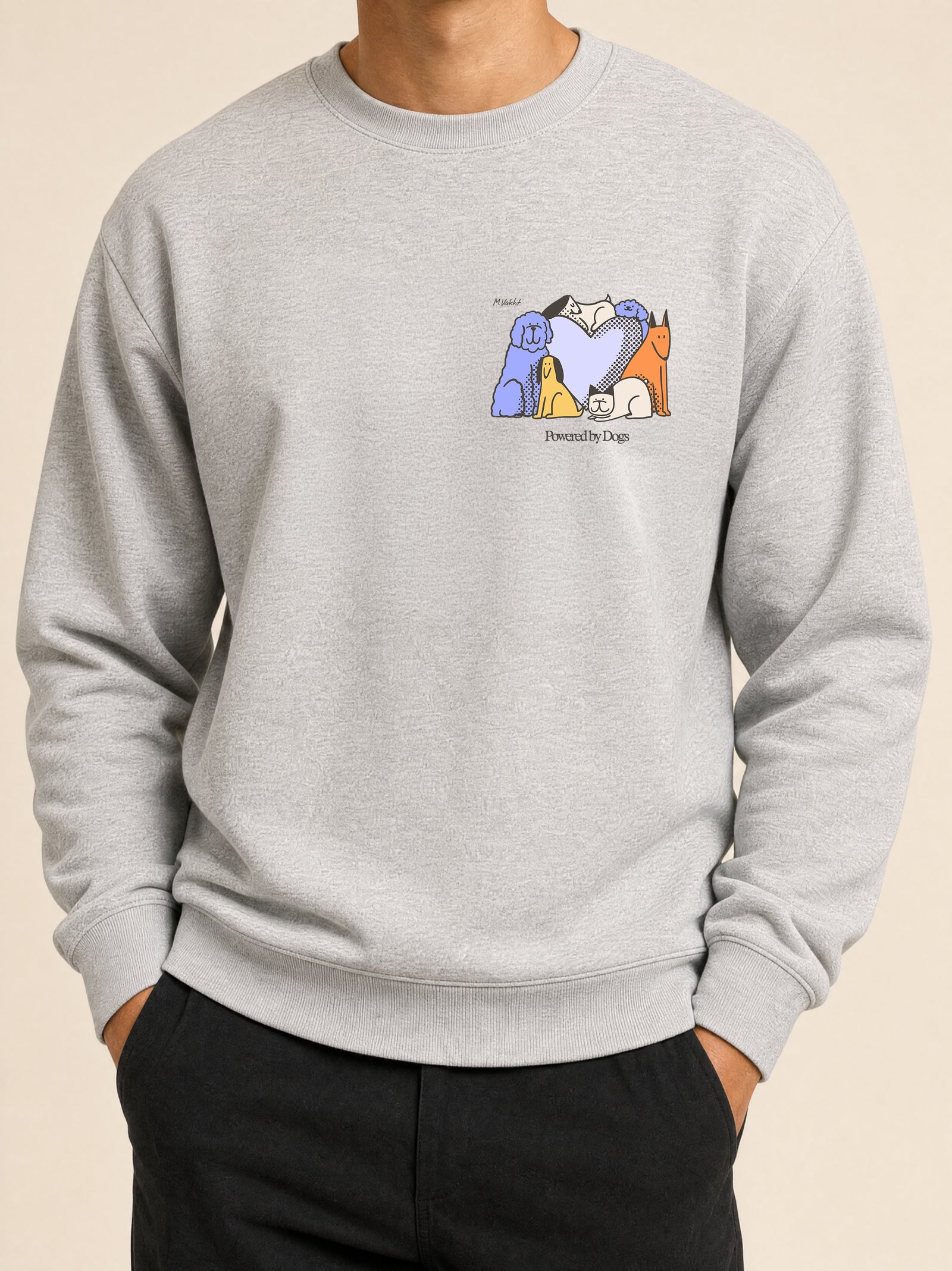 powered by dogs full color design heather grey crewneck sweatshirt male model product shot
