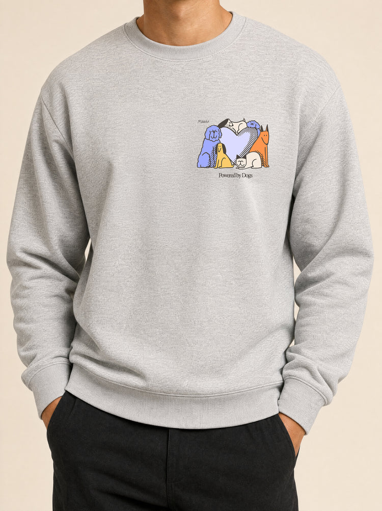 powered by dogs full color design heather grey crewneck sweatshirt male model product shot