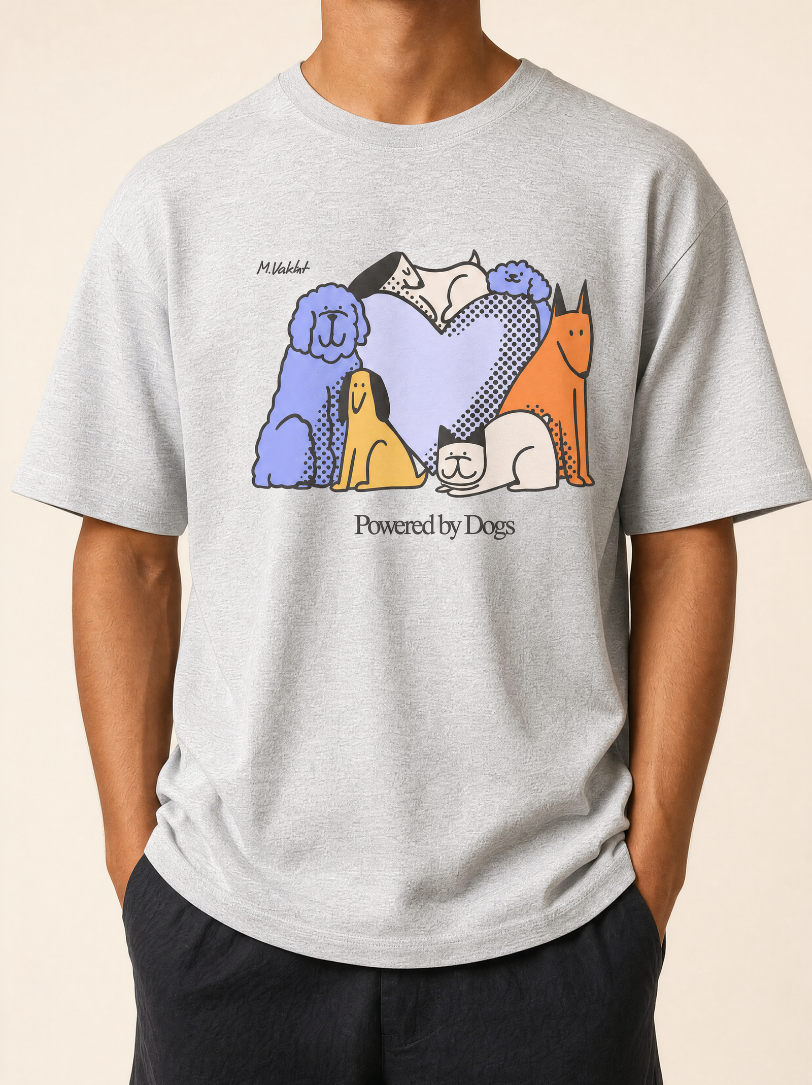 powered by dogs full color design heather grey t shirt male model product shot