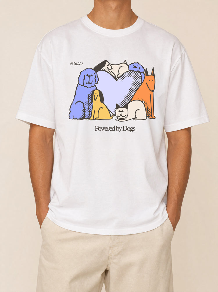 powered by dogs full color design pure white t shirt male model product shot