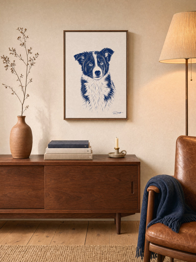 Border collie Indigo style portrait in a walnut frame above a mid century console
