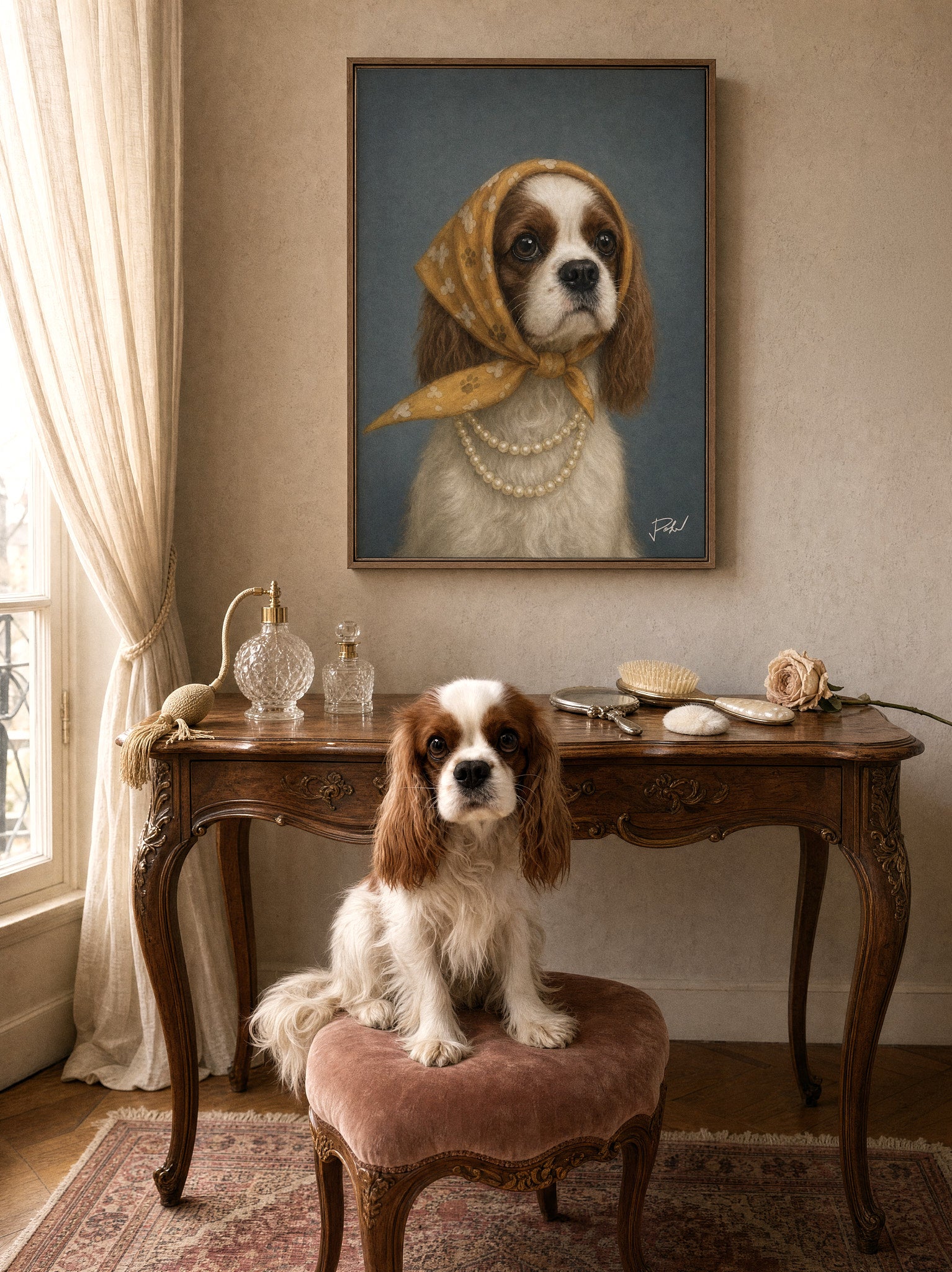 Cavalier King Charles spaniel La Parisienne style portrait near a Victorian desk