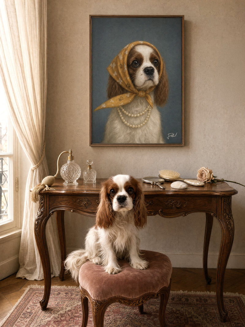 Cavalier King Charles spaniel La Parisienne style portrait near a Victorian desk